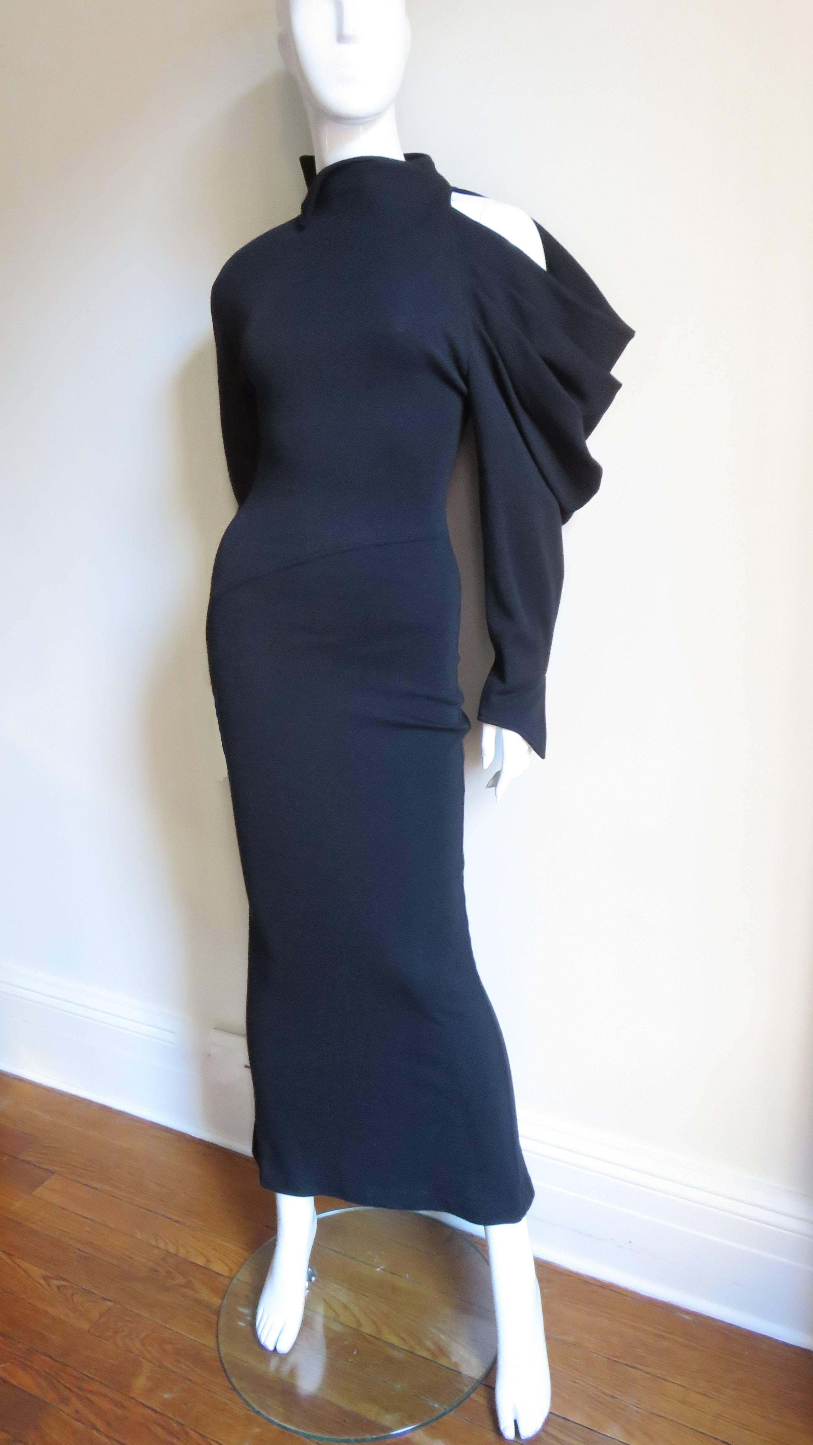 Black  Claude Montana Asymmetric Sleeve Maxi Dress