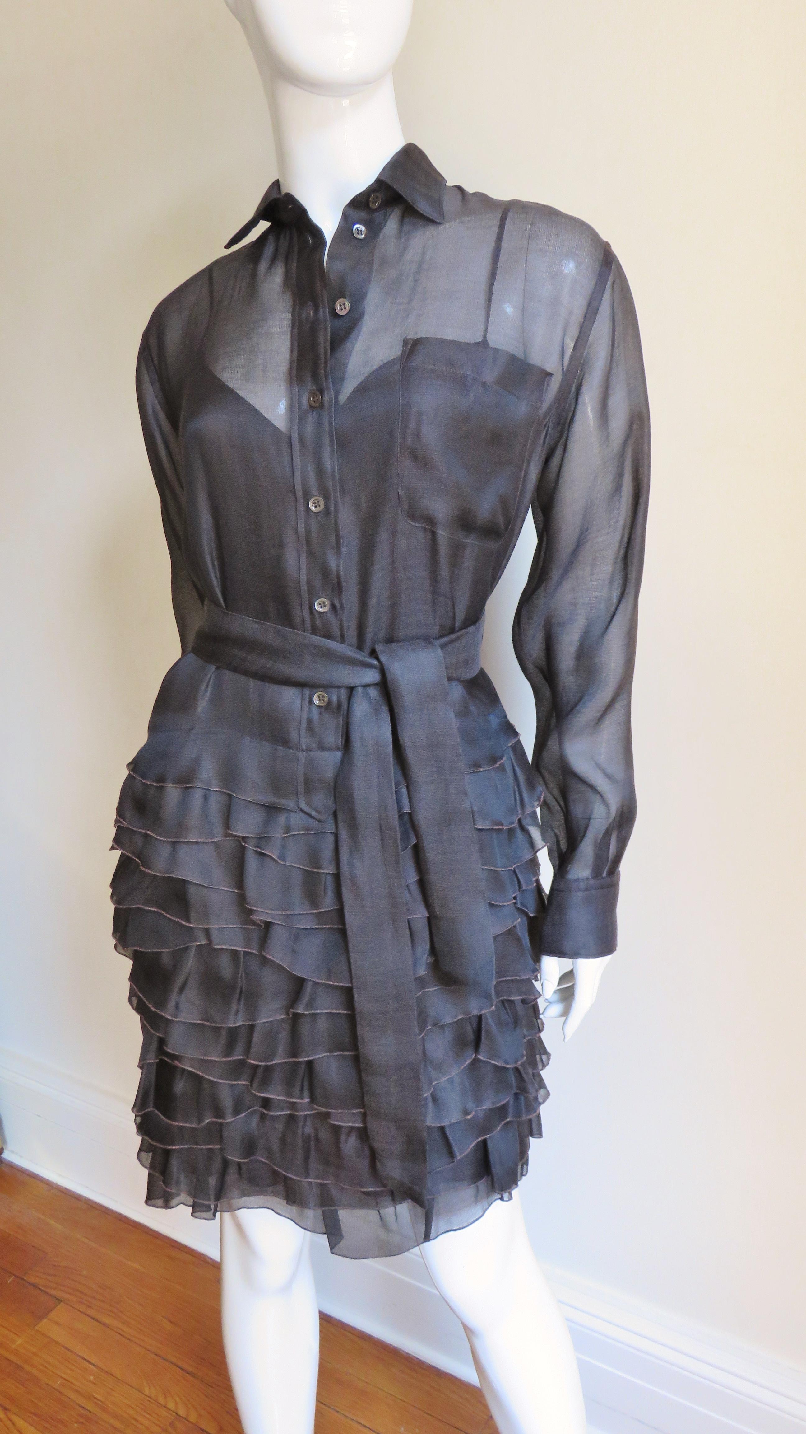  Moschino Brown Silk Ruffle Skirt Dress In Good Condition In Water Mill, NY