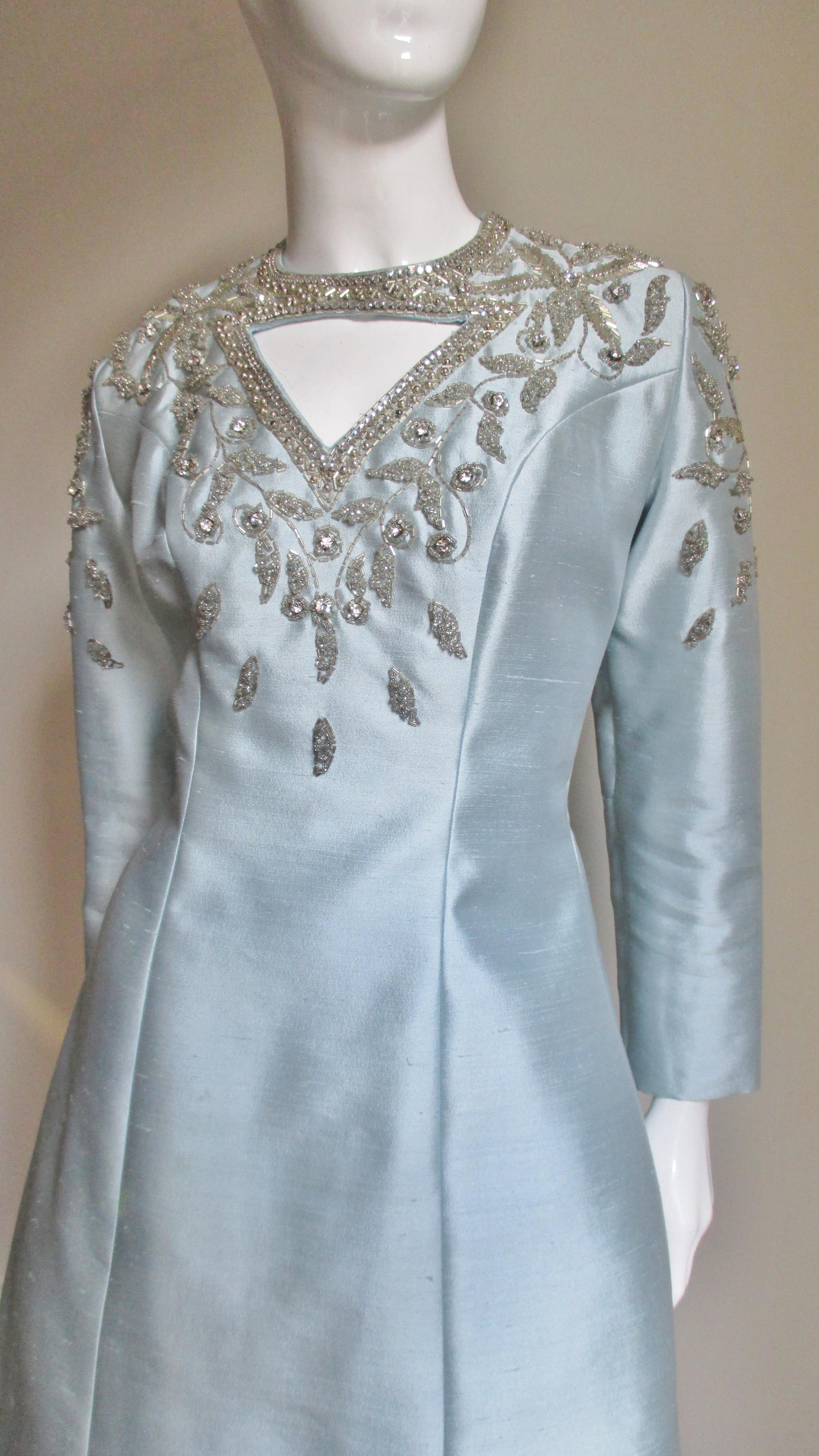 Gray 1960's Bernetti Beaded Cutout Silk Dress
