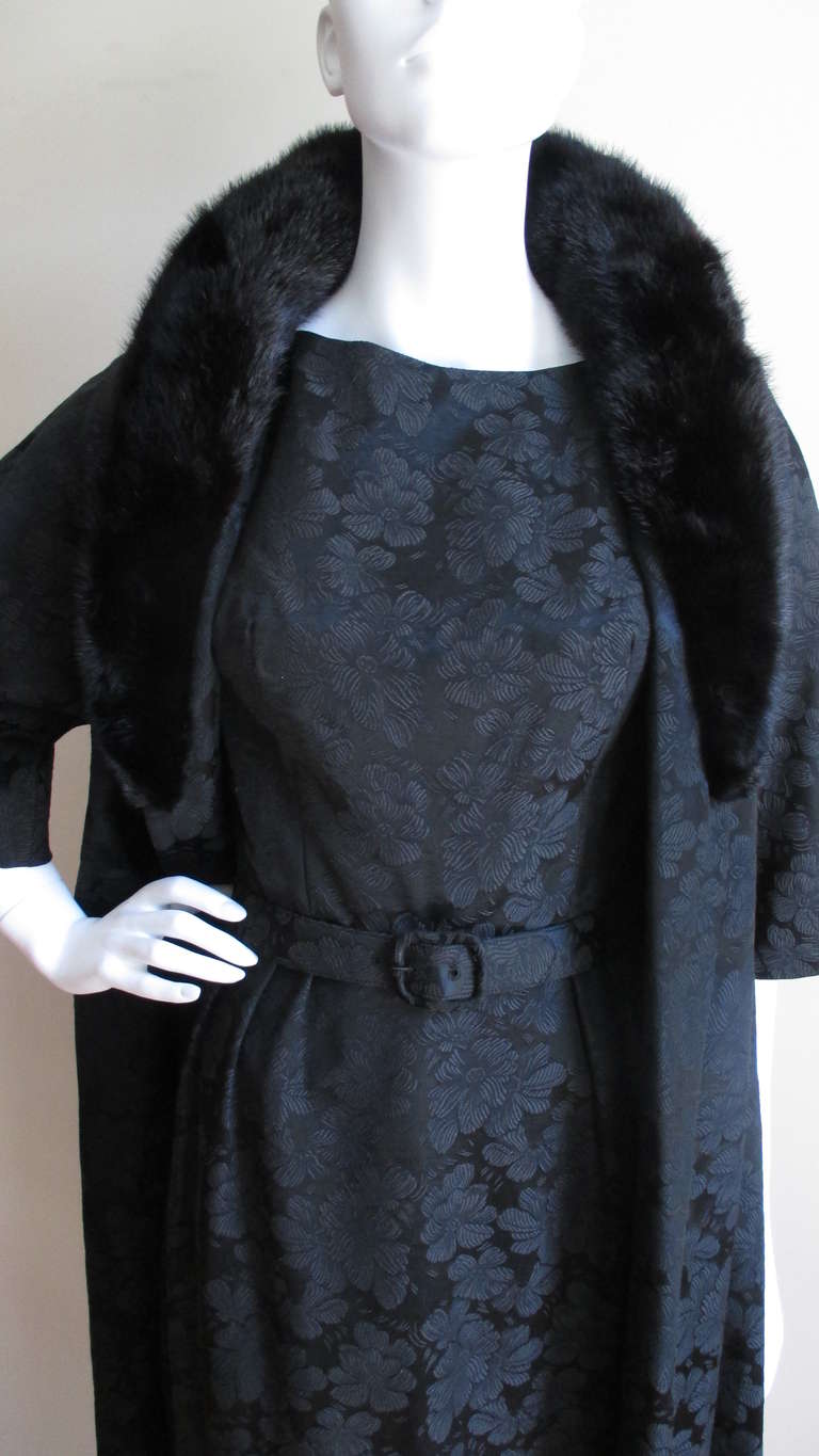 Black Lillie Rubin New 1950s Silk Damask Dress and Mink Collar Coat Set For Sale