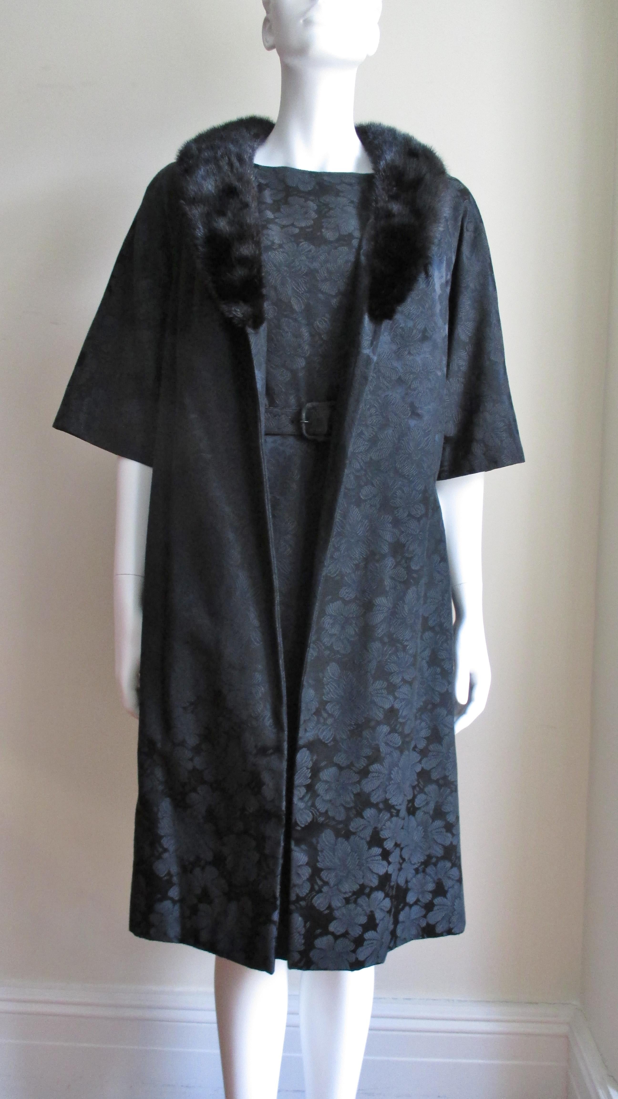 Lillie Rubin New 1950s Silk Damask Dress and Mink Collar Coat Set In New Condition For Sale In Water Mill, NY