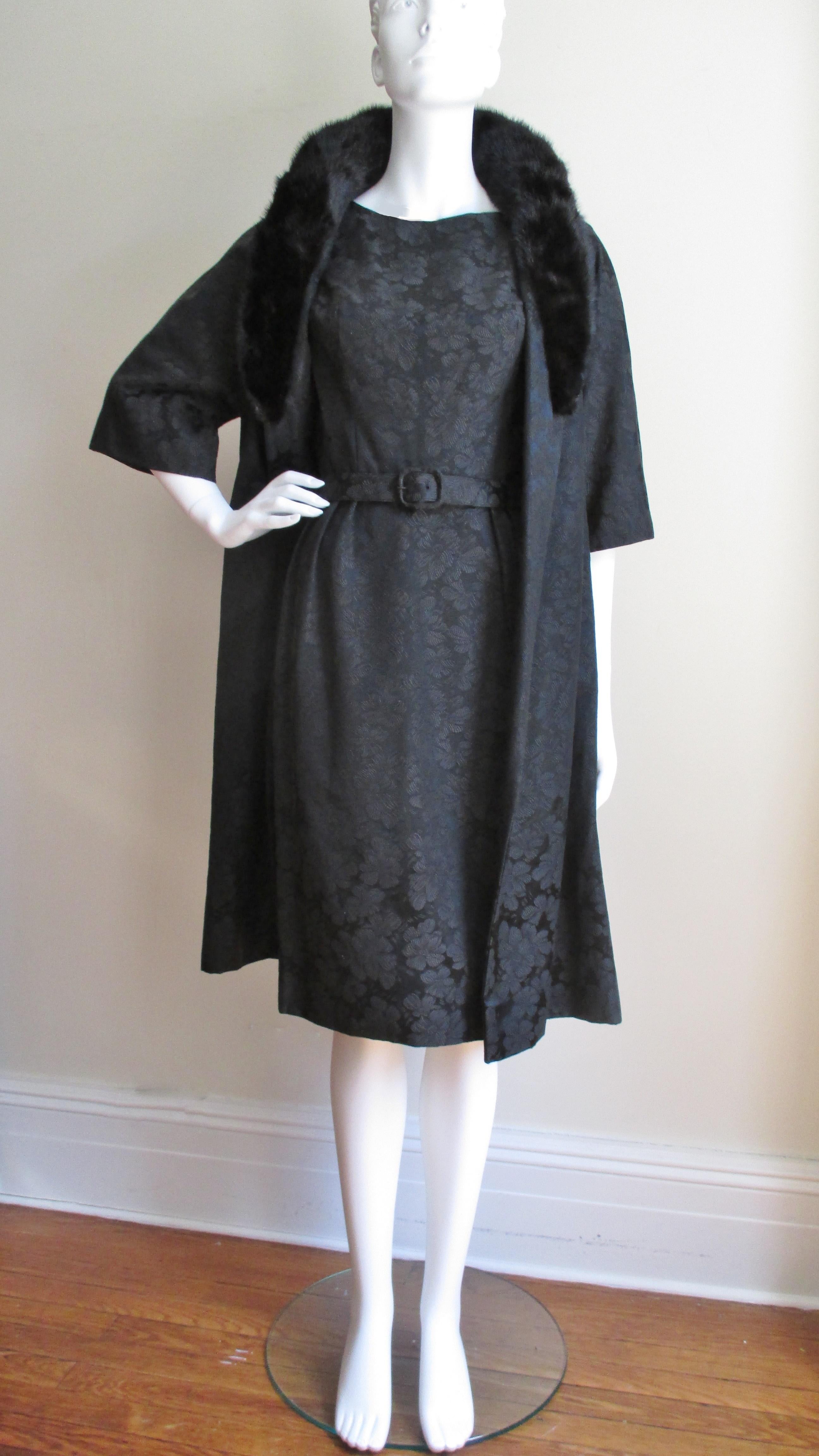 Women's Lillie Rubin New 1950s Silk Damask Dress and Mink Collar Coat Set For Sale