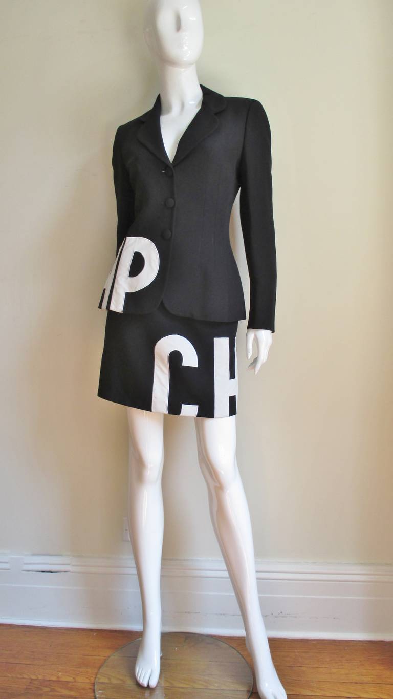  Moschino Letter Applique Skirt Suit In Excellent Condition For Sale In Water Mill, NY