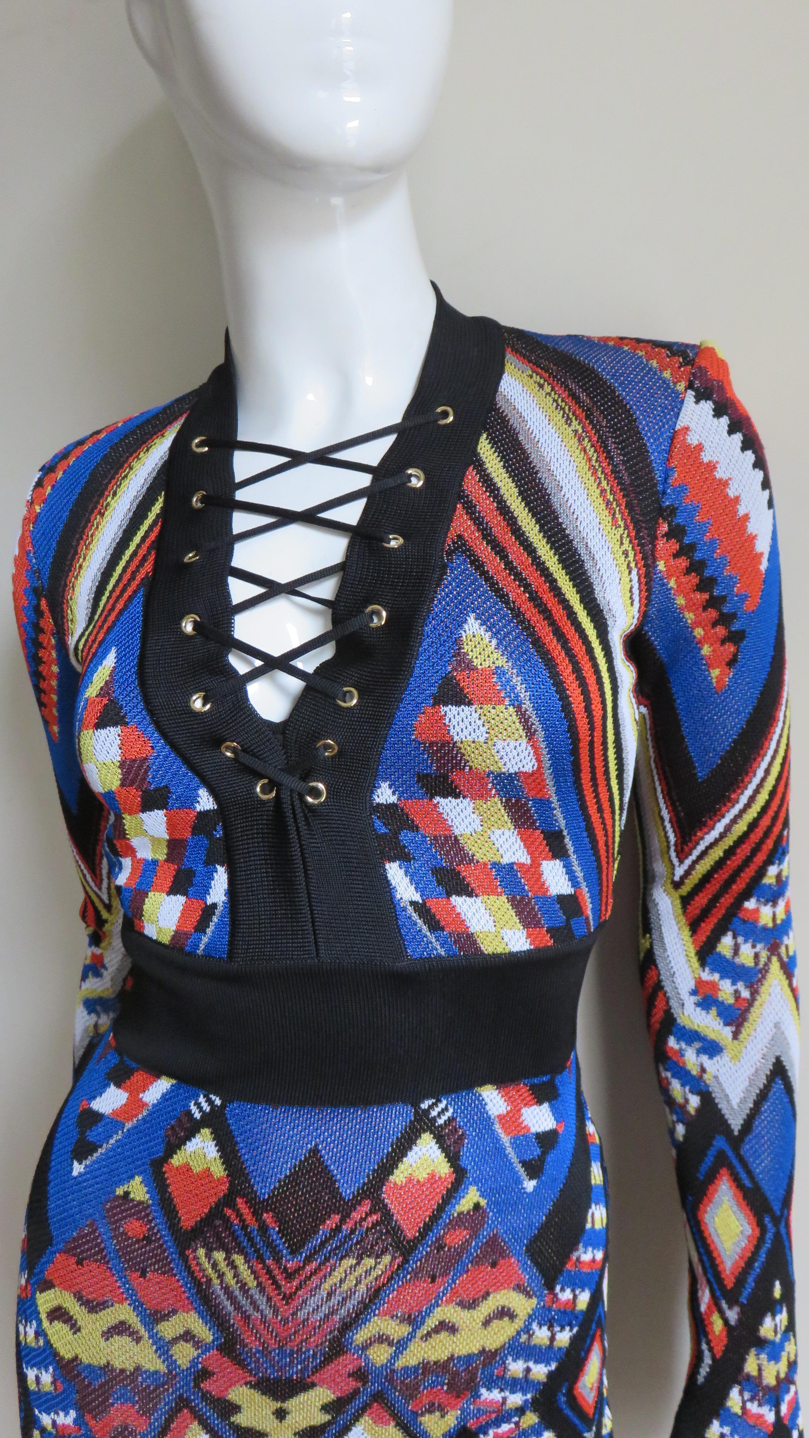 Black Pierre Balmain New Geometric Print Lace up Dress For Sale