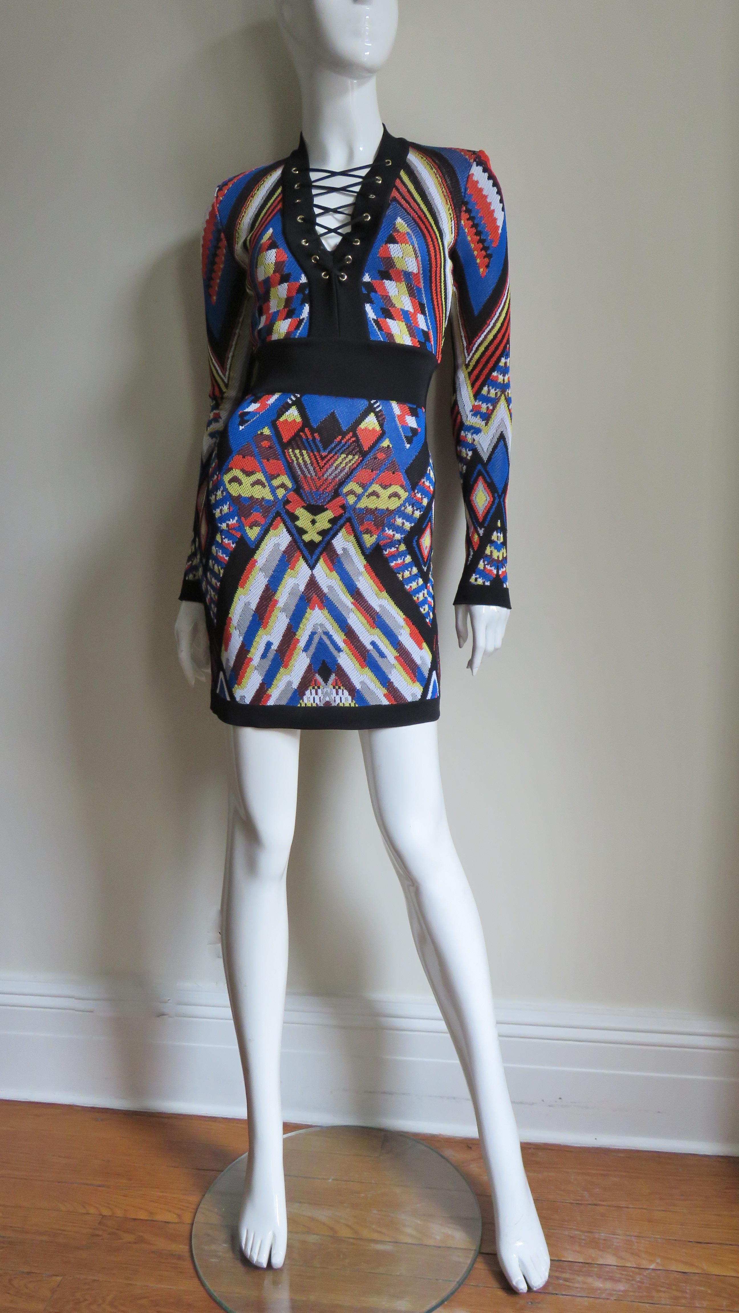 Pierre Balmain New Geometric Print Lace up Dress For Sale 1