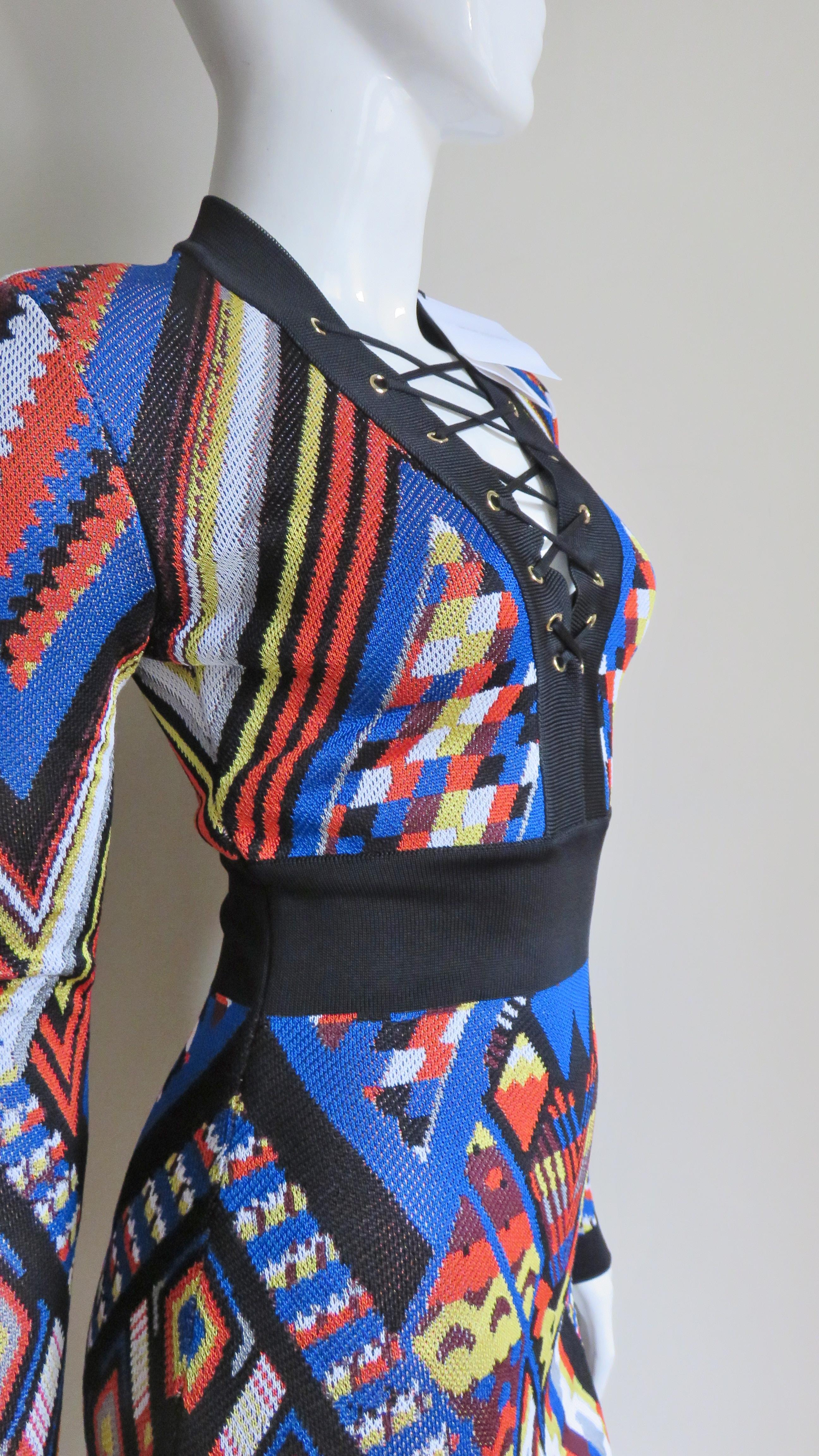 Pierre Balmain New Geometric Print Lace up Dress For Sale 3
