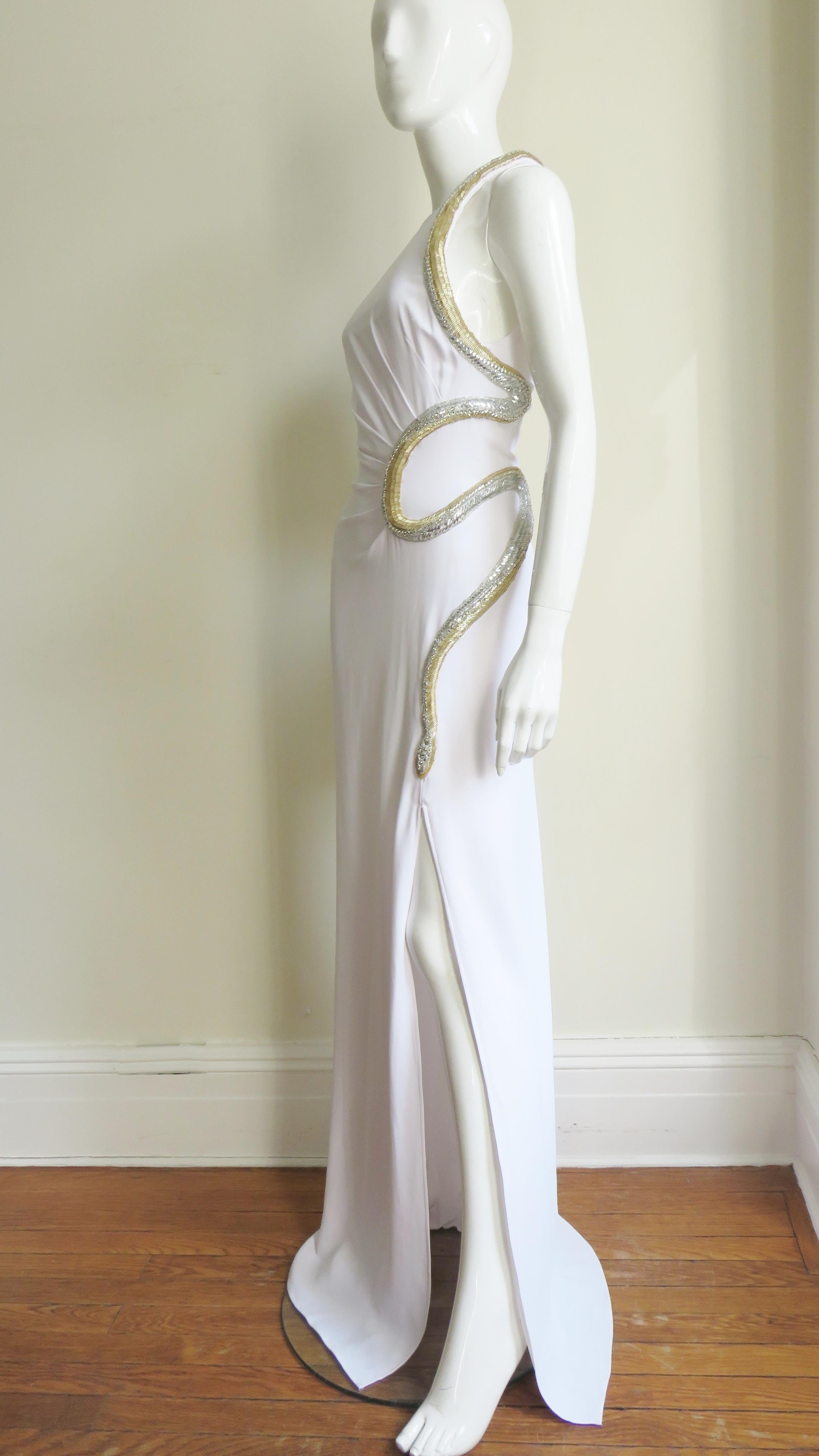 Roberto Cavalli New One Sleeve Silk Gown with Beaded Snake For Sale 1