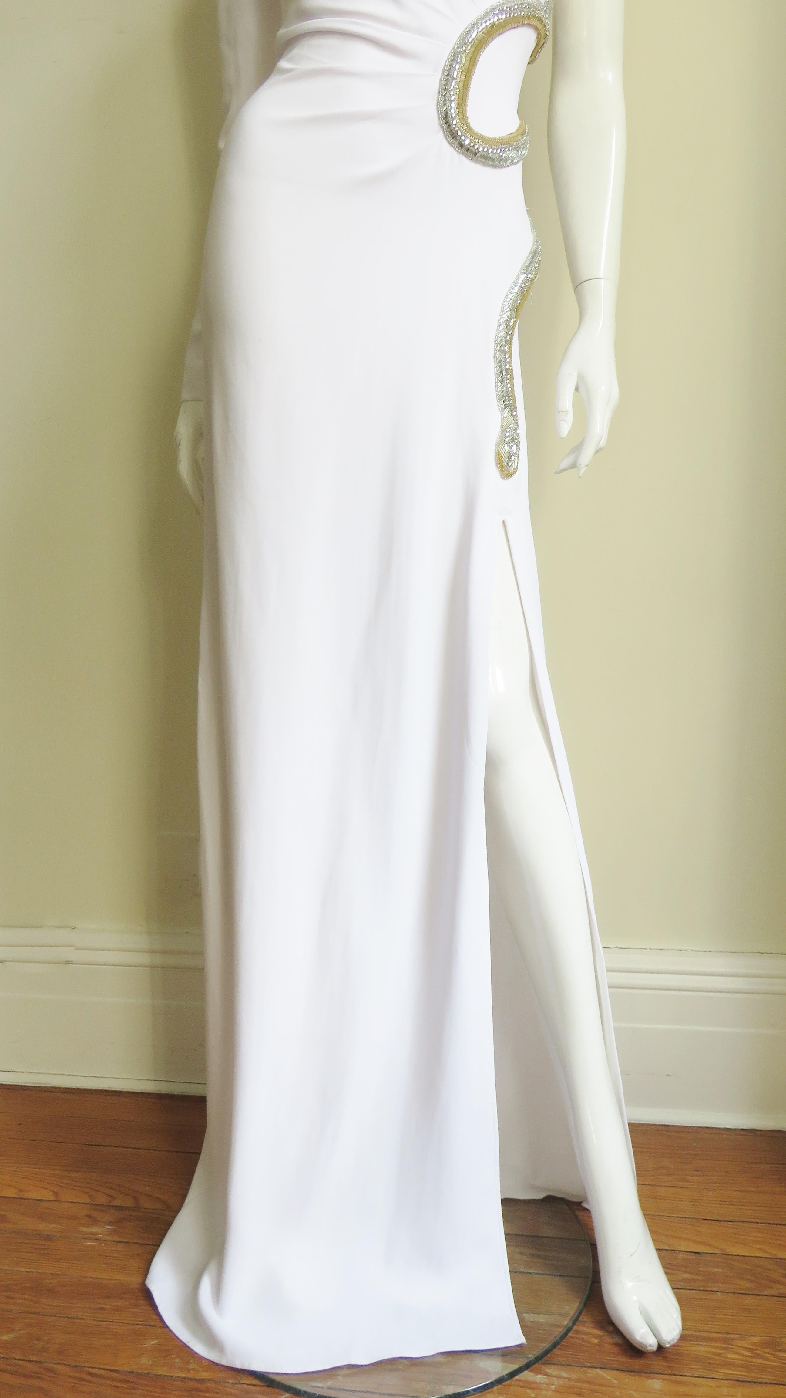 Gray Roberto Cavalli New One Sleeve Silk Gown with Beaded Snake For Sale