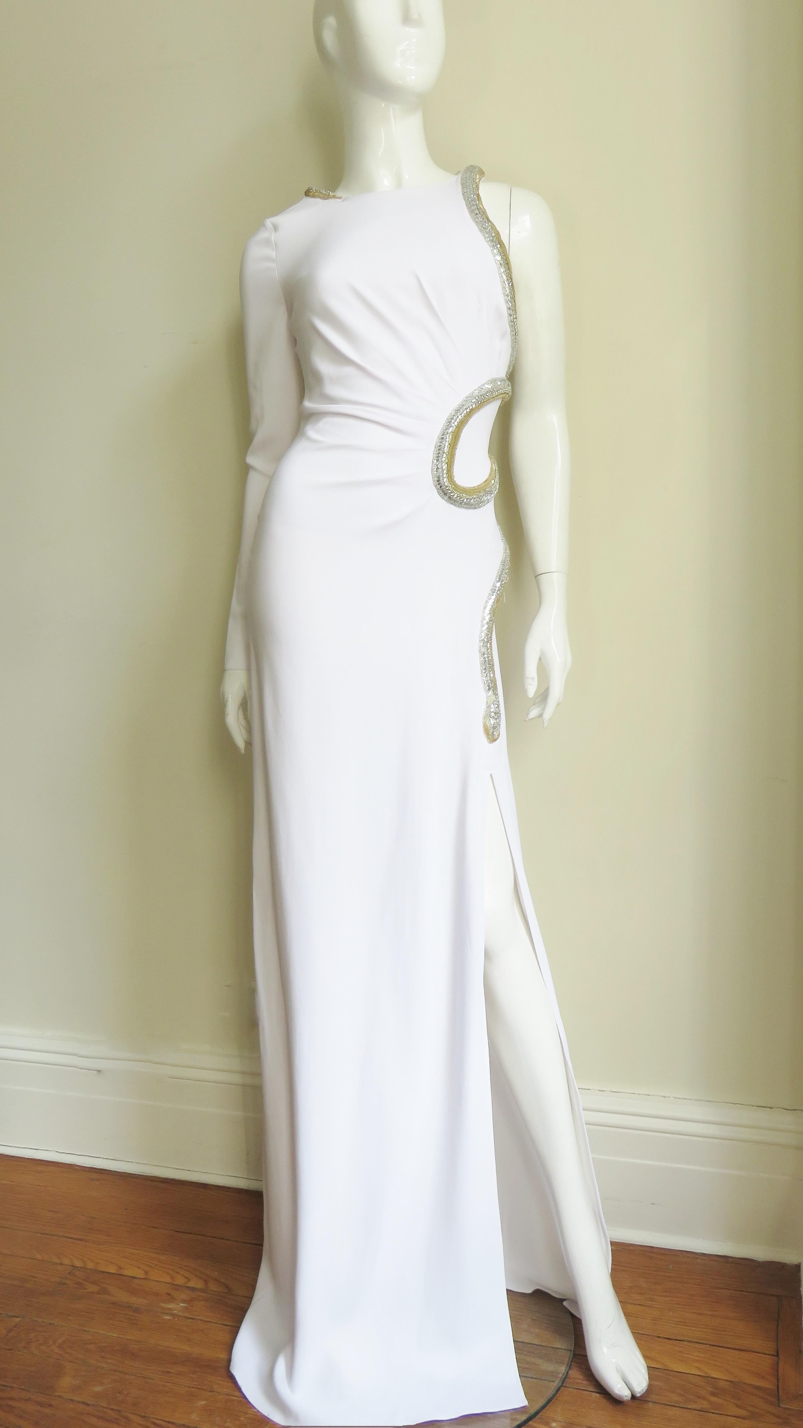Roberto Cavalli New One Sleeve Silk Gown with Beaded Snake In Good Condition For Sale In Water Mill, NY