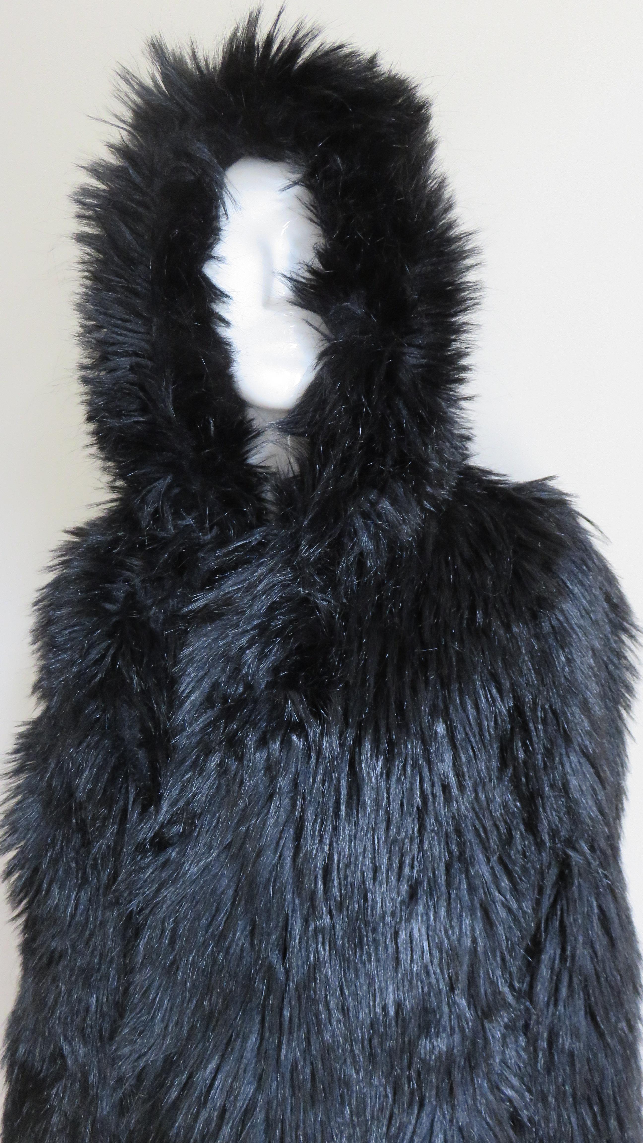 Black Betsey Johnson New Faux Fur Hooded Maxi Coat 1990s For Sale