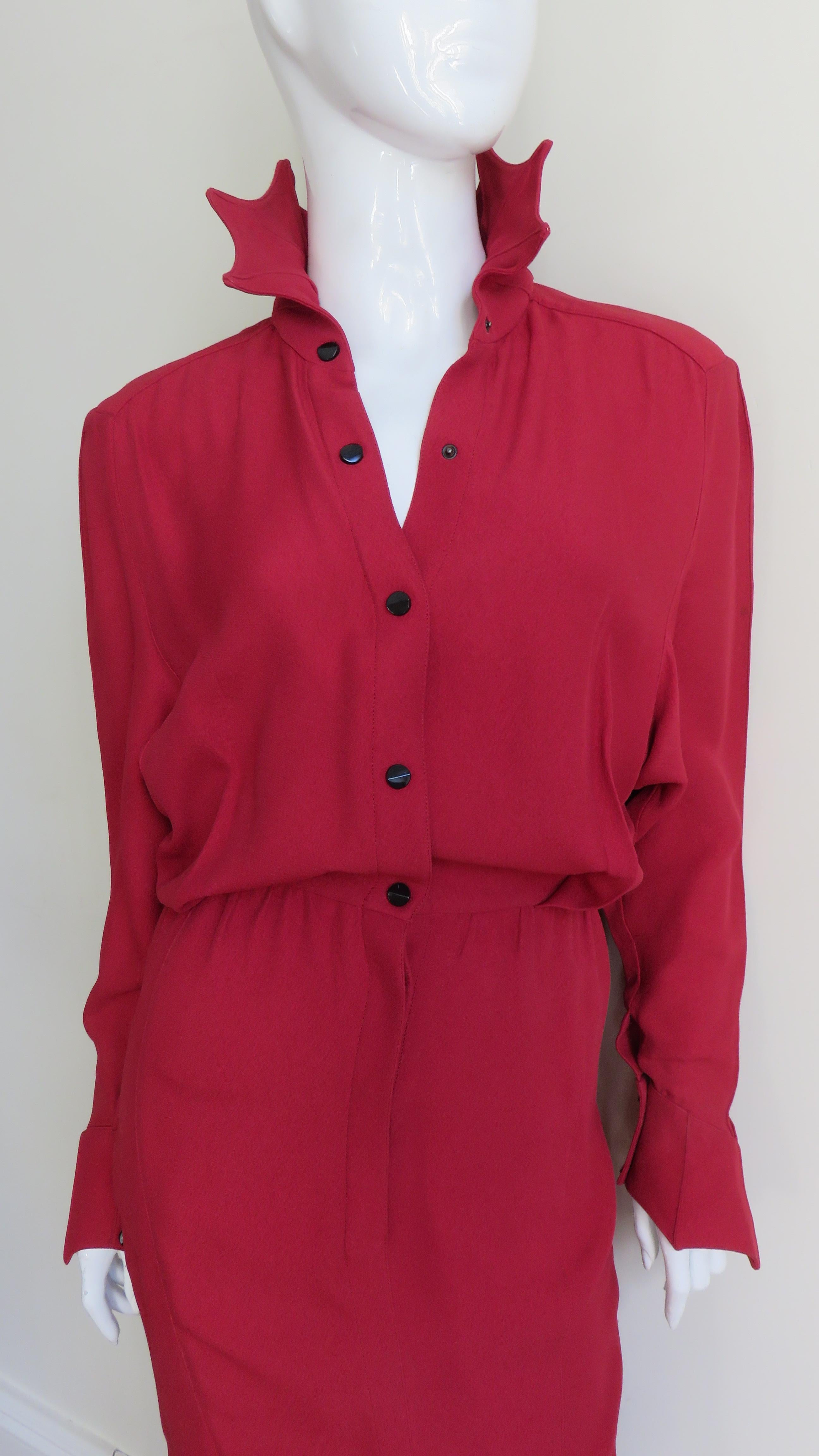 Red Thierry Mugler Dress with Pointed Collar and Cuffs 1980s For Sale