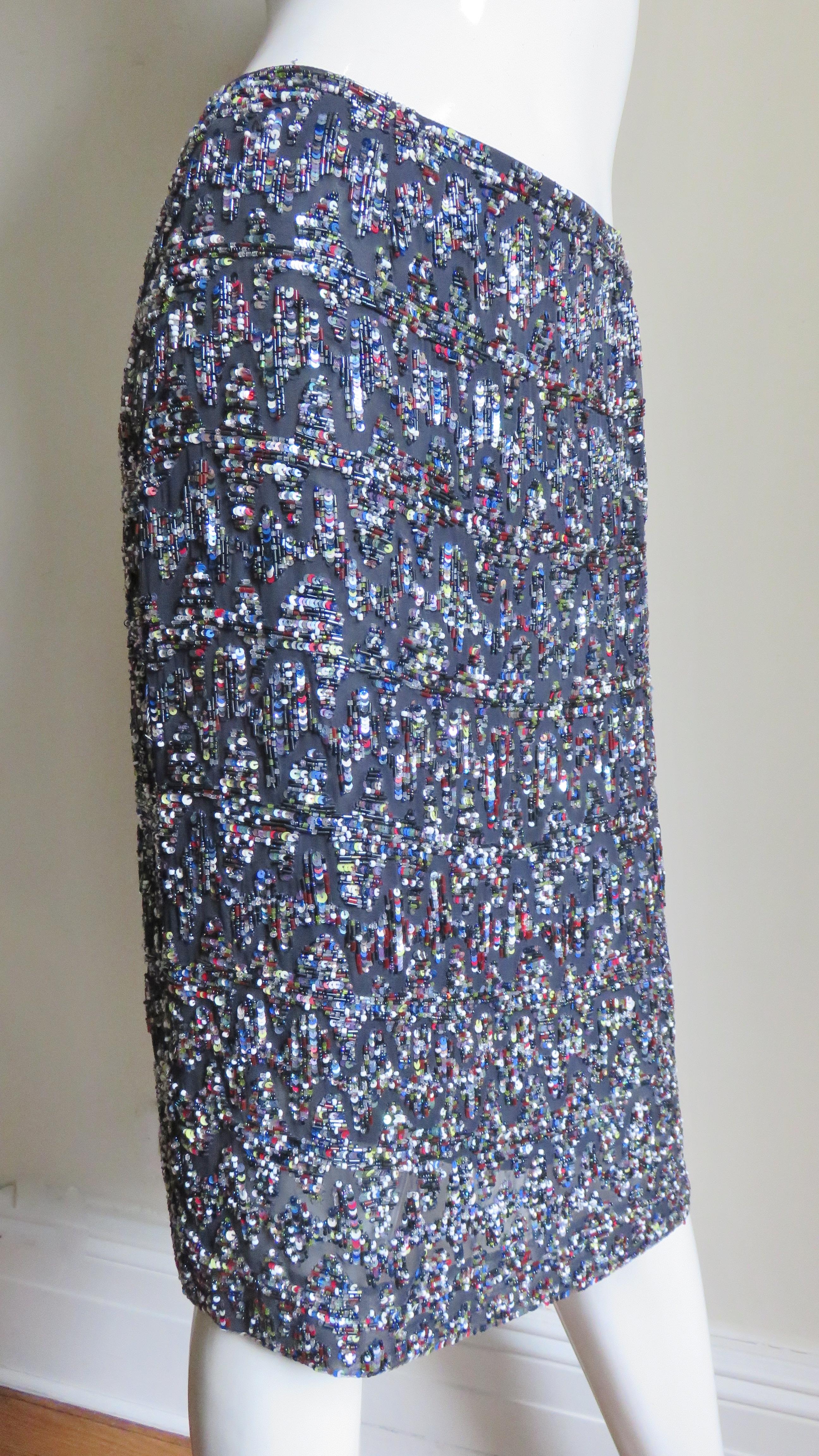 Rena Lange Elaborately Beaded Silk Skirt In Good Condition For Sale In Water Mill, NY