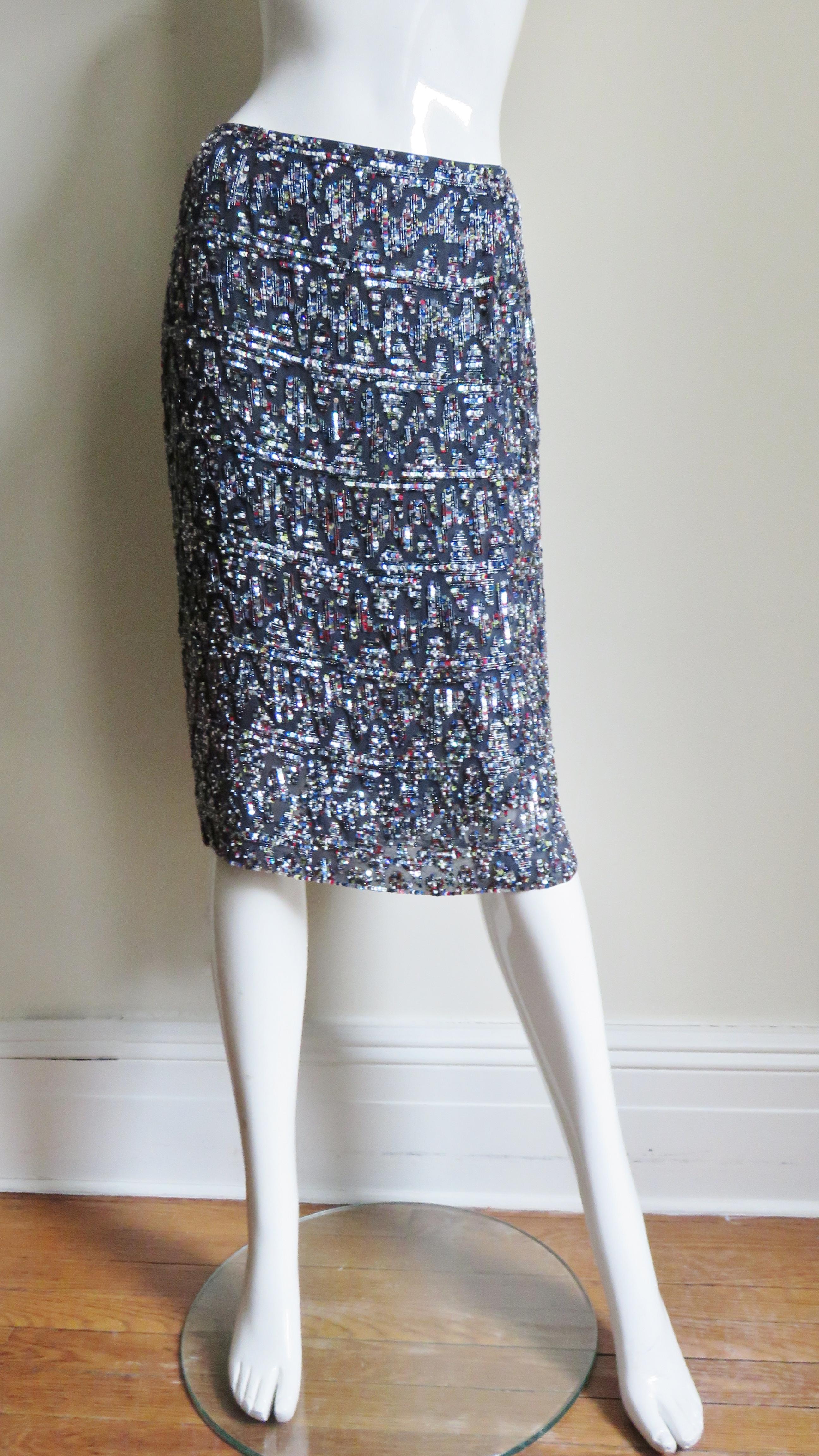 Rena Lange Elaborately Beaded Silk Skirt For Sale 2