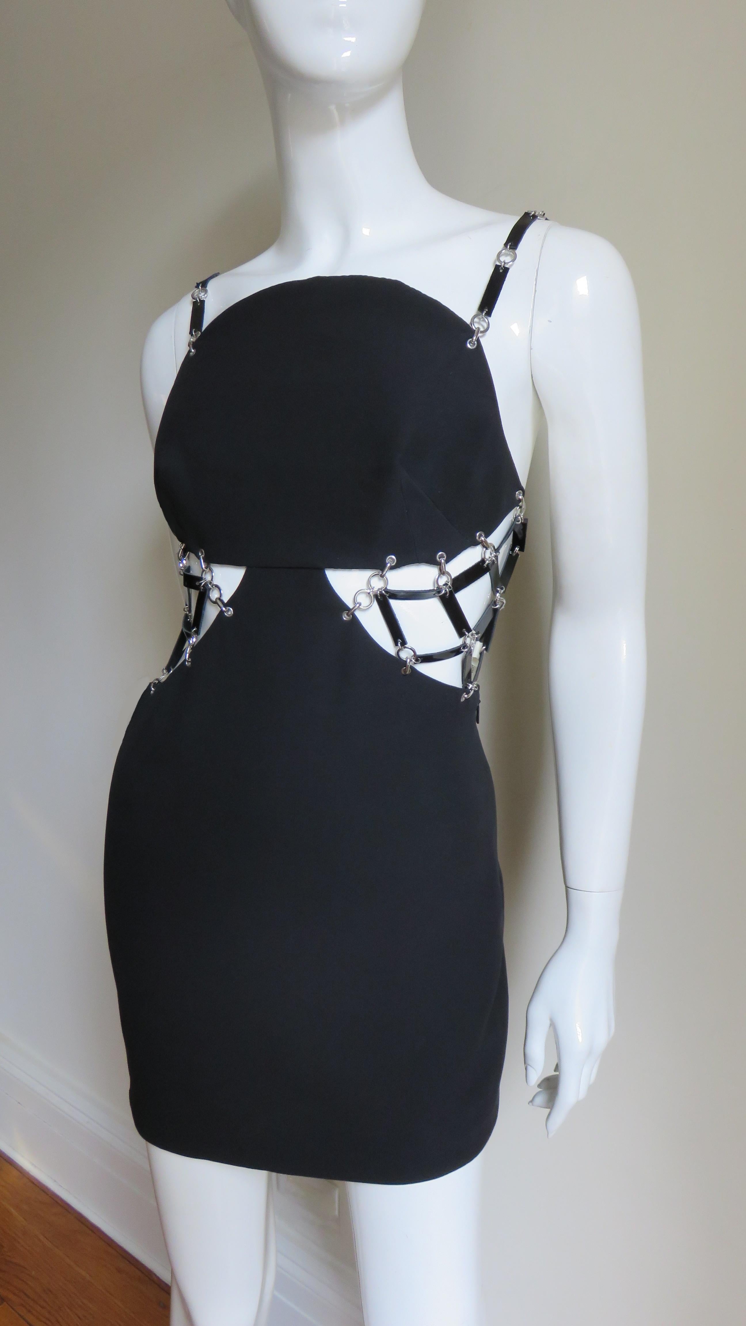 Black Versace Silk Dress with Leather Links and Cut outs
