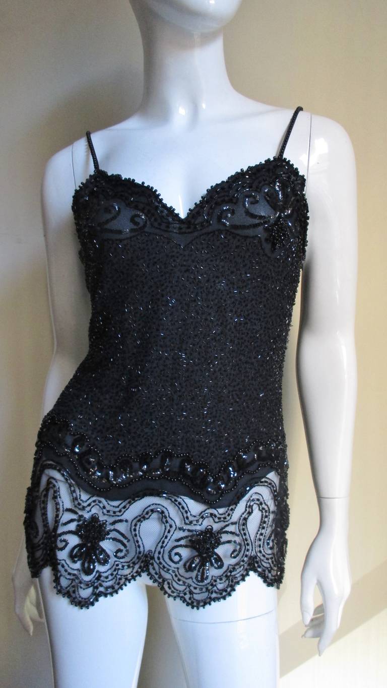 Black Fabrice Couture Silk Beaded Camisole and Skirt Set 1990s For Sale
