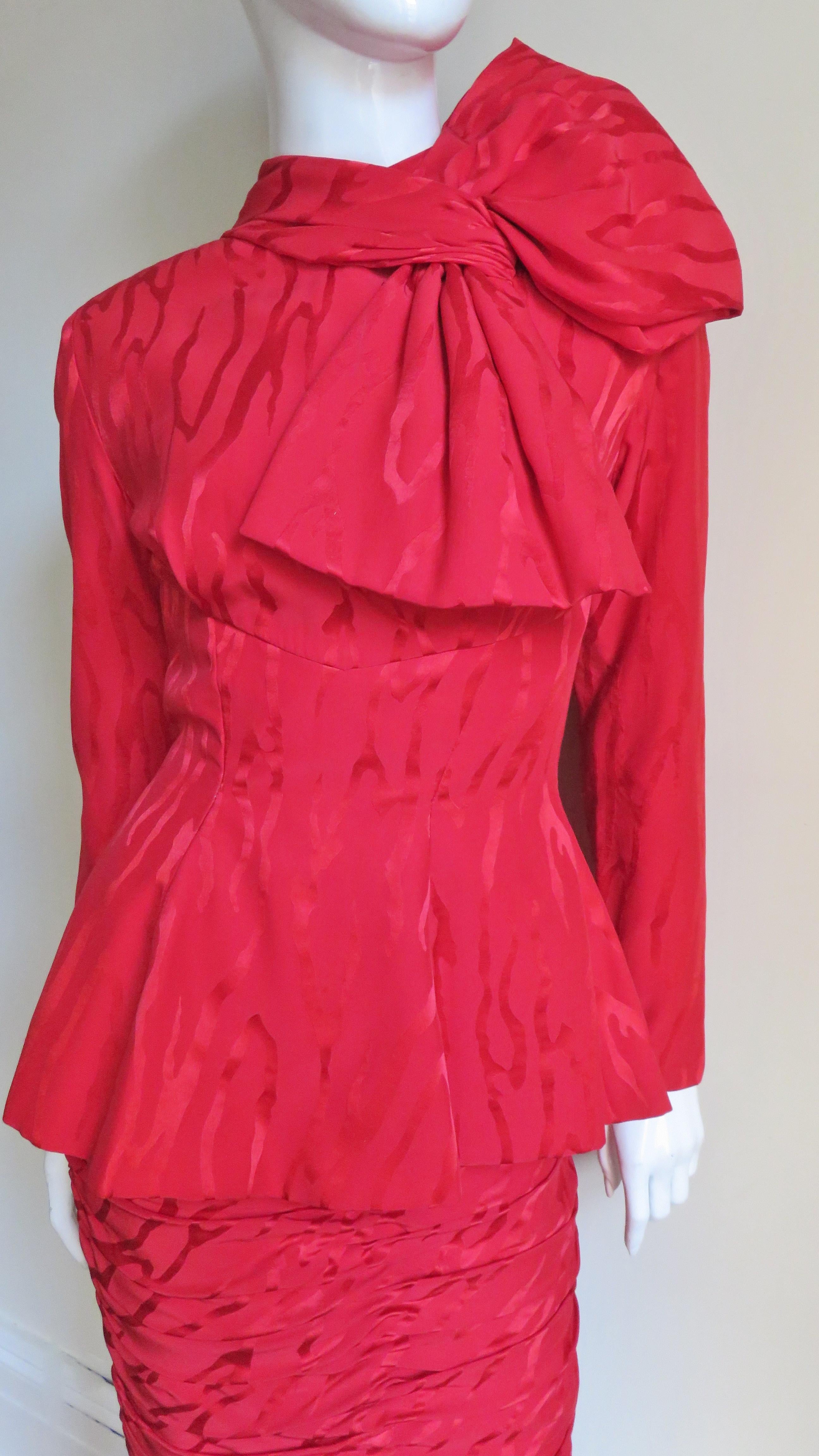 Red Vicky Tiel Couture 1990s Silk Skirt and Bow Top
