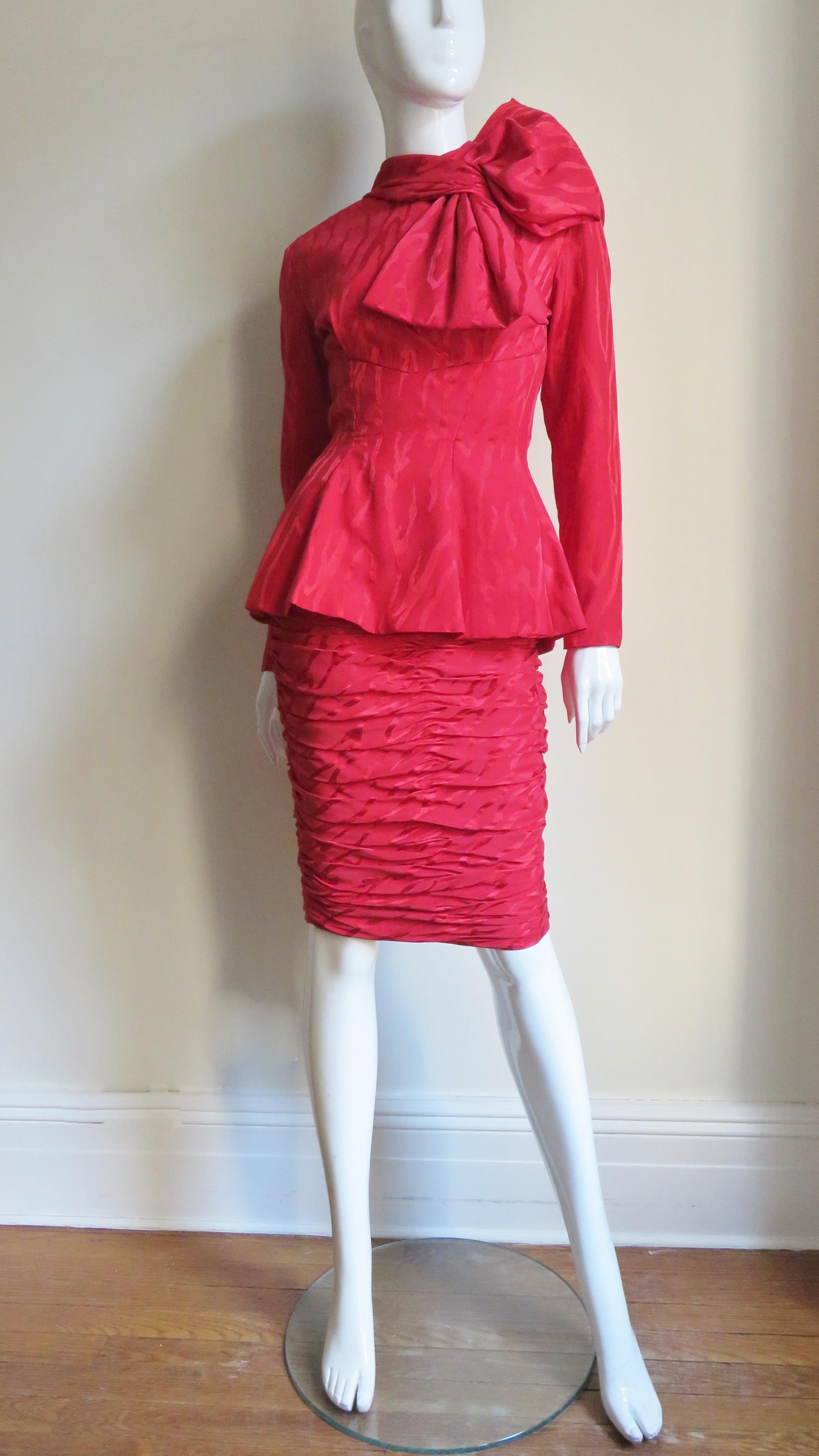 Vicky Tiel Couture 1990s Silk Skirt and Bow Top 7