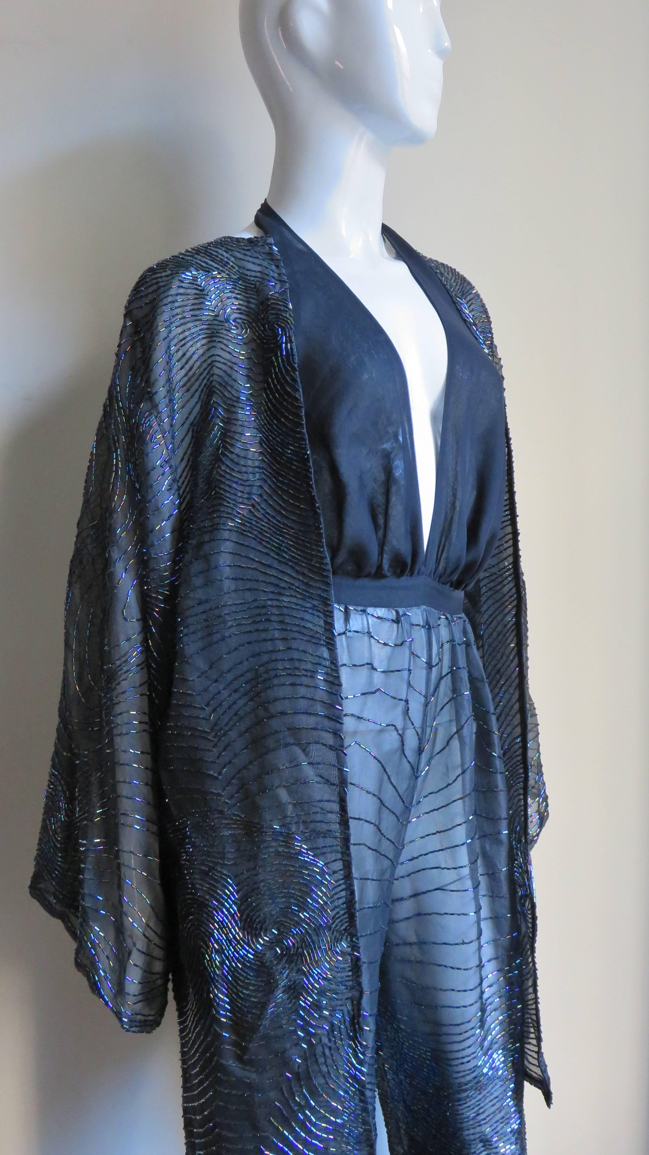 Halston 1970s Beaded Halter Jumpsuit and Kimono Jacket  In Excellent Condition In Water Mill, NY