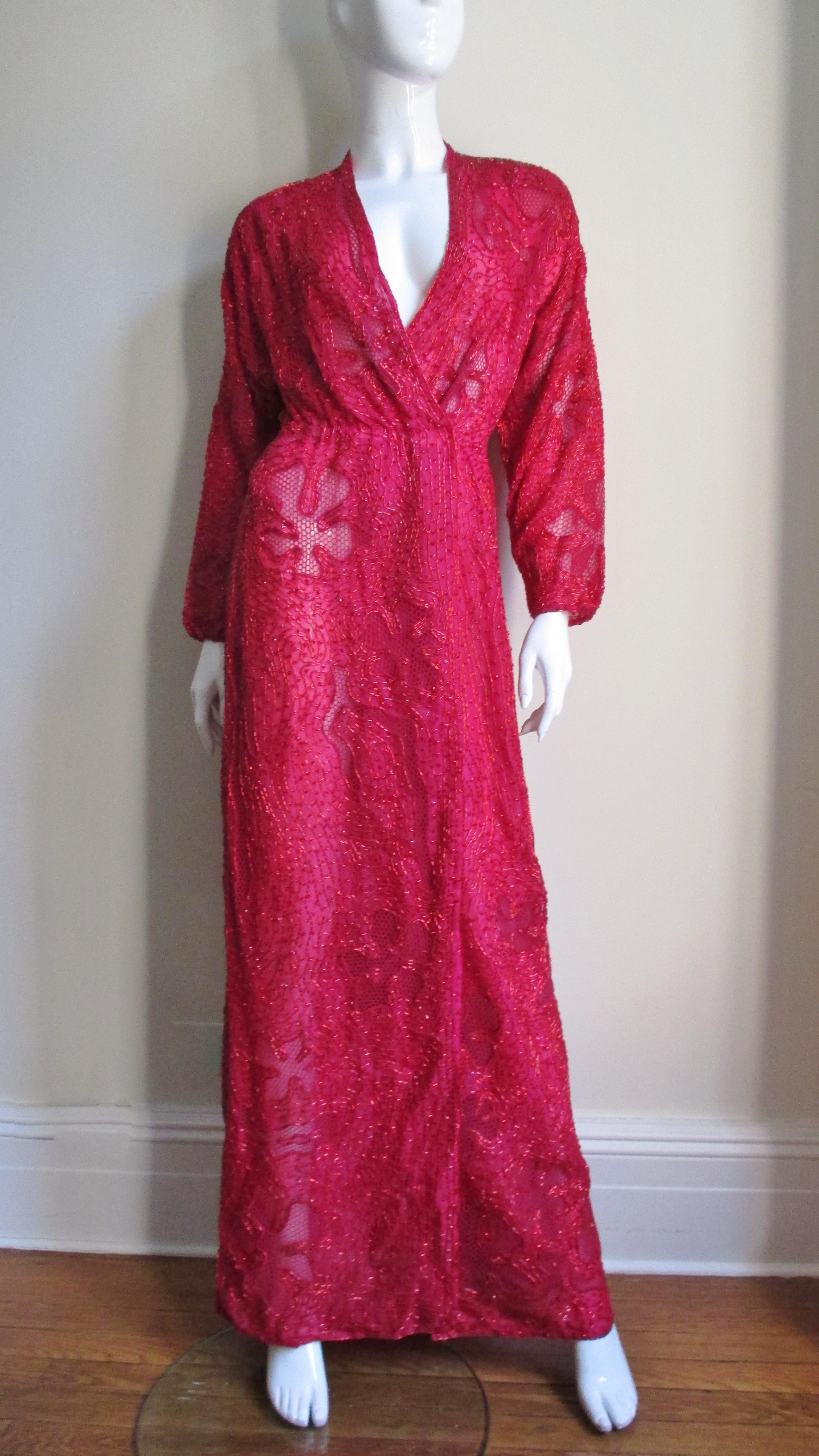 Halston 1970s Wrap Beaded Gown For Sale 1