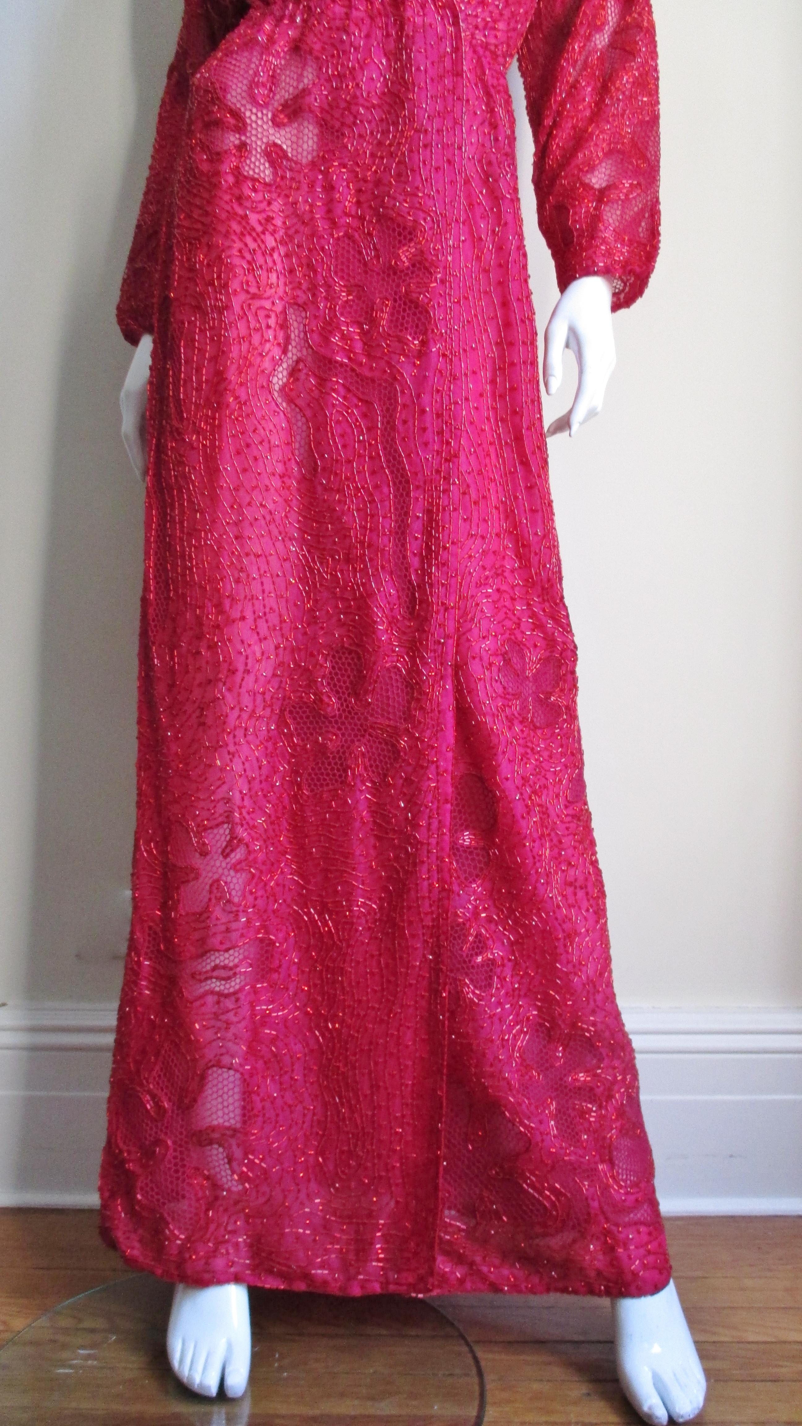 Red Halston 1970s Wrap Beaded Gown For Sale