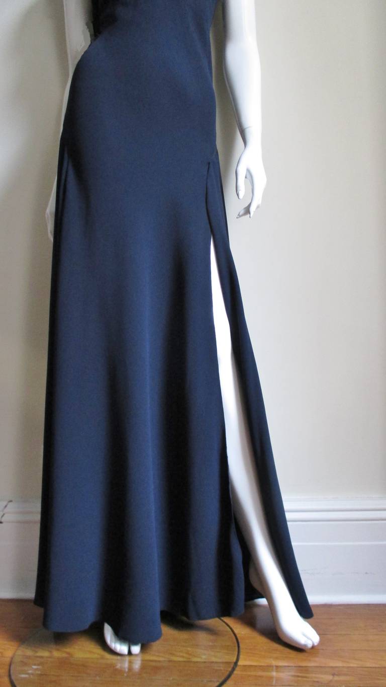 Black Jackie Rogers Navy Silk Gown with Sheer Panels For Sale