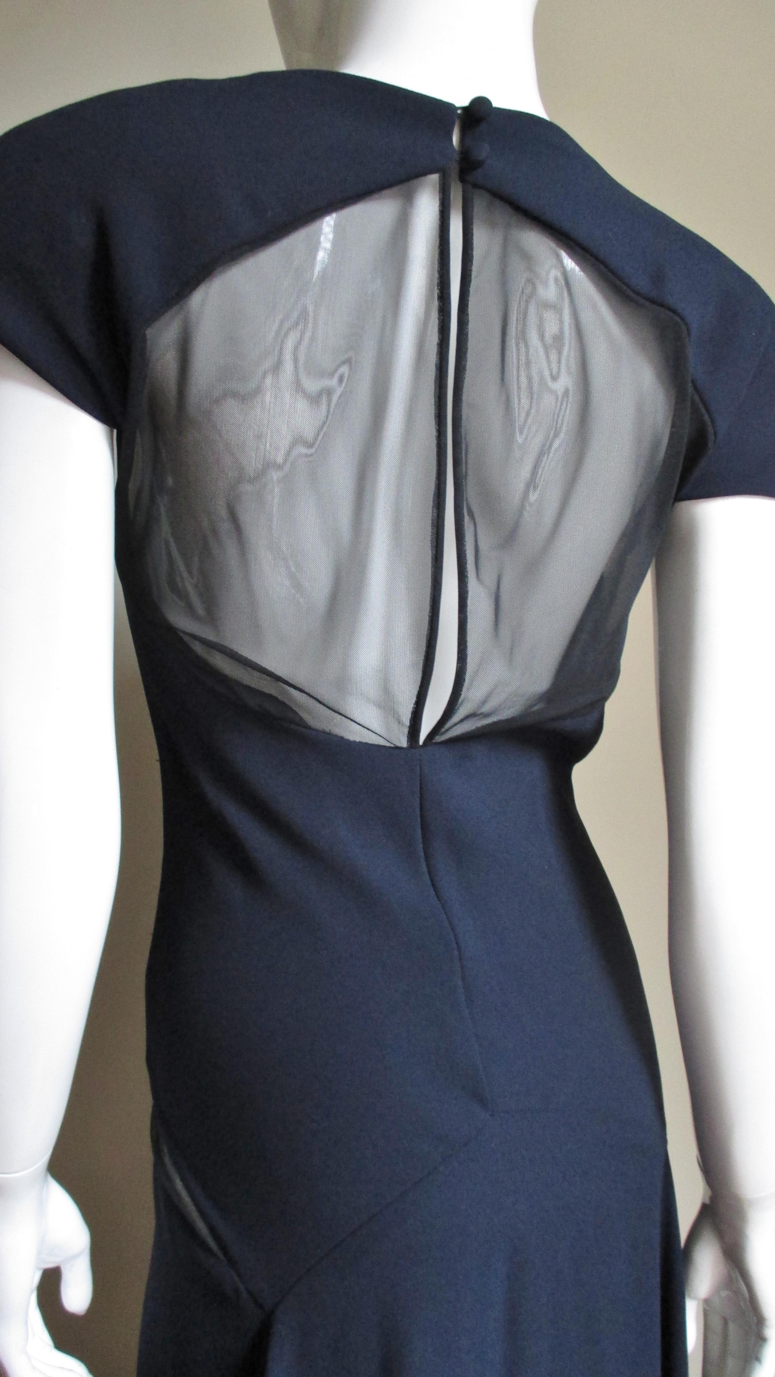 Jackie Rogers Navy Silk Gown with Sheer Panels For Sale 1
