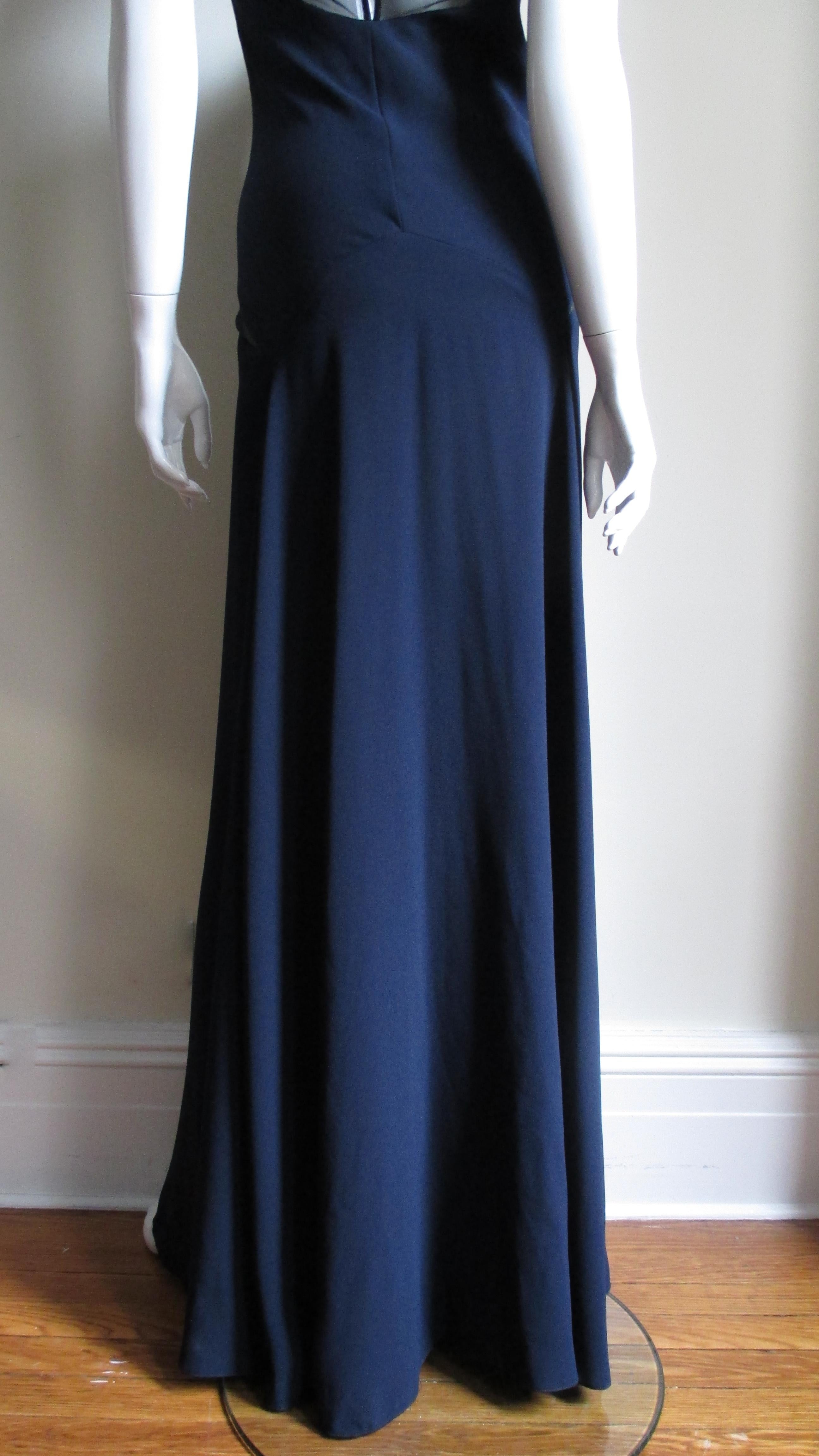 Jackie Rogers Navy Silk Gown with Sheer Panels For Sale 4