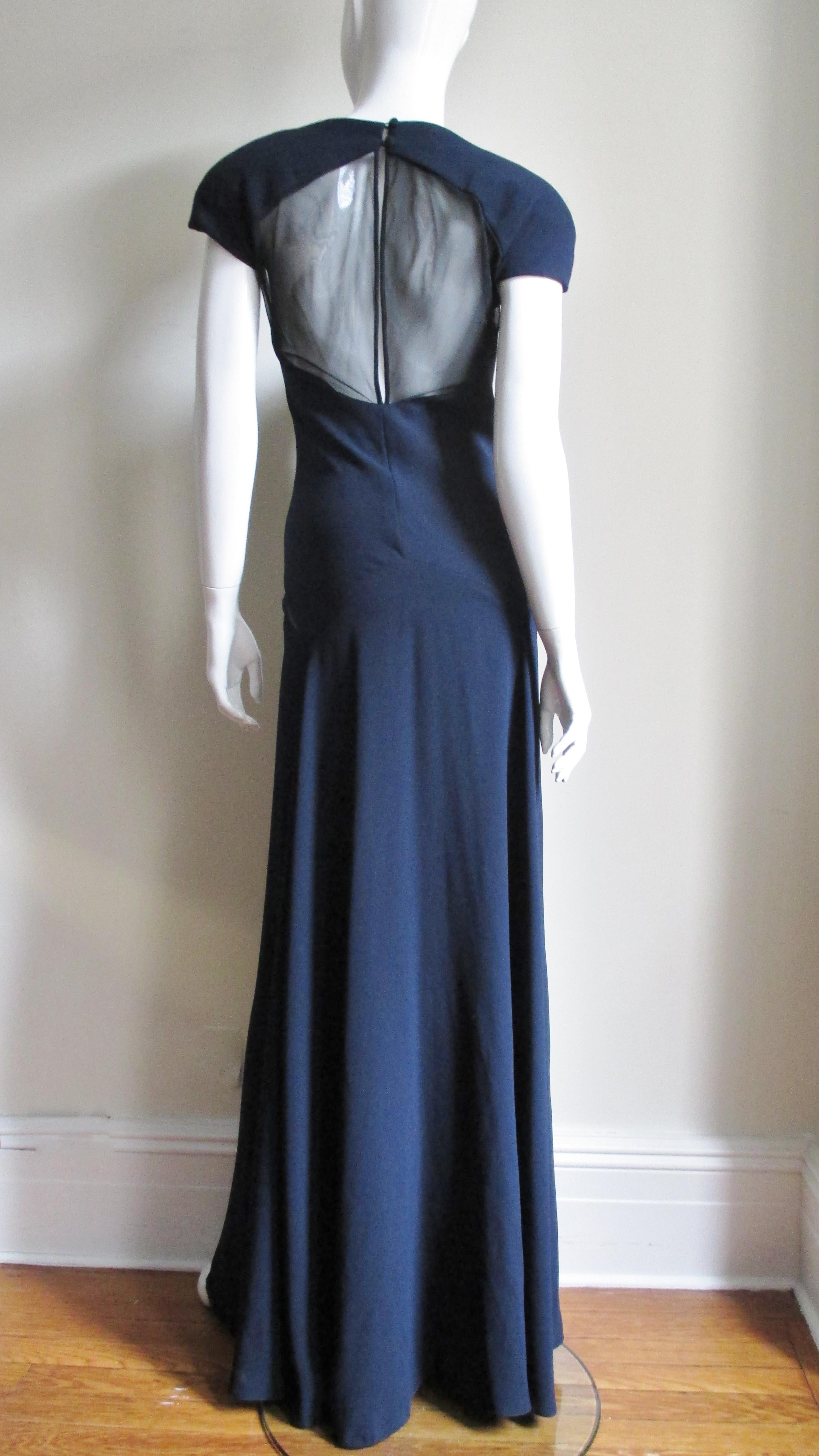 Jackie Rogers Navy Silk Gown with Sheer Panels For Sale 5