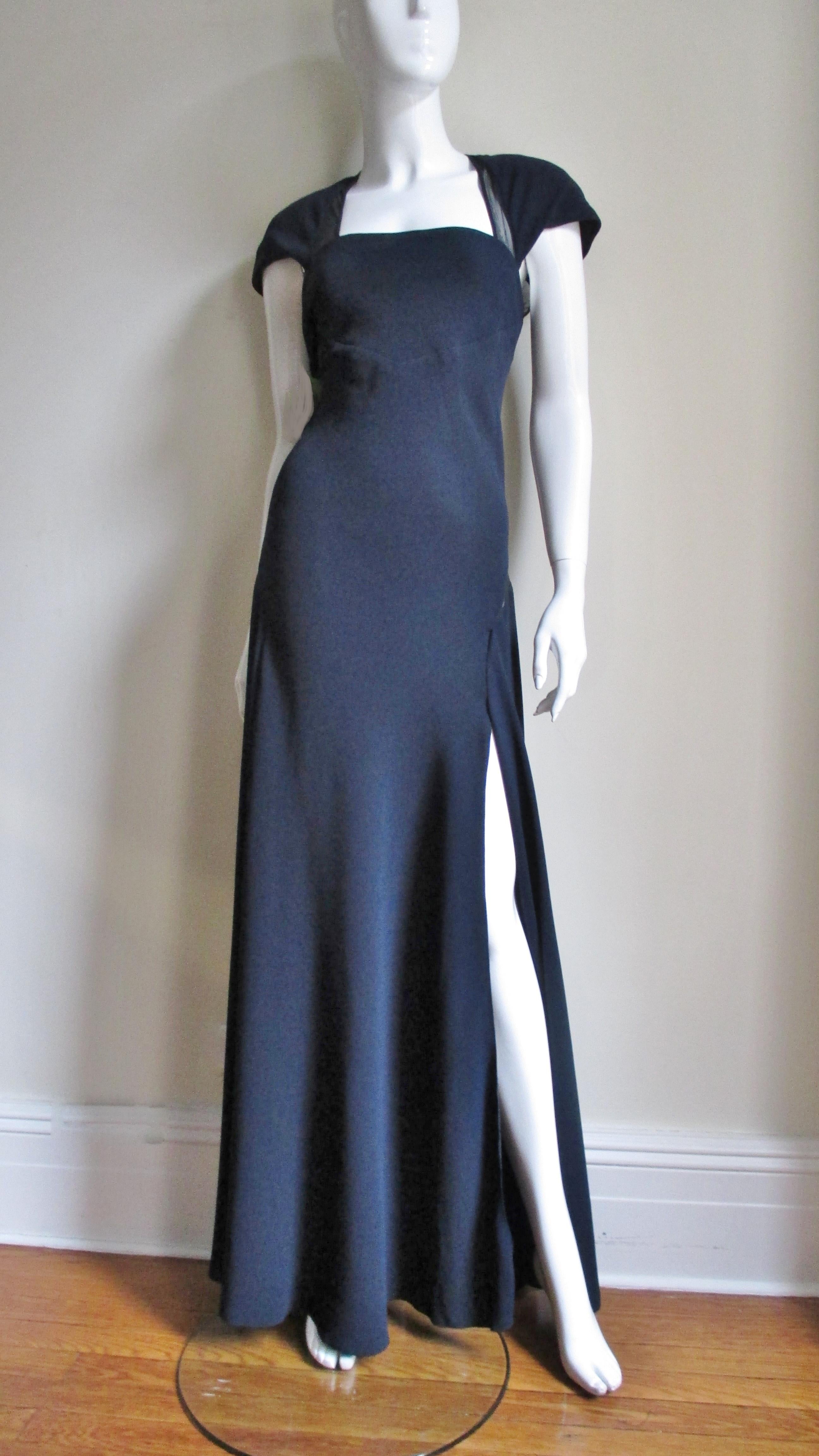 Jackie Rogers Navy Silk Gown with Sheer Panels In Good Condition For Sale In Water Mill, NY