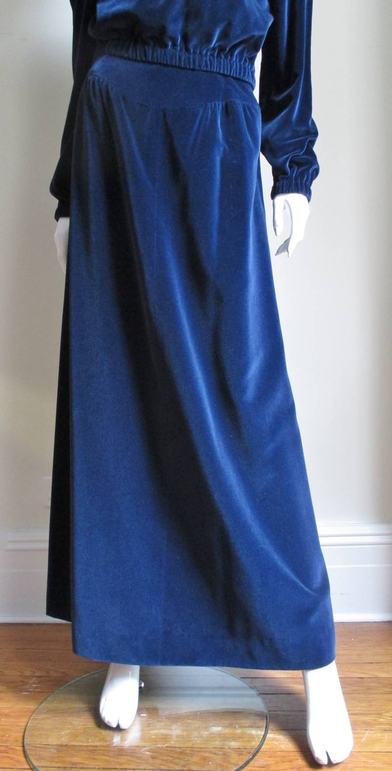 Black Courreges 1970s Hyperbole Blue Velvet Maxi Skirt and Top For Sale