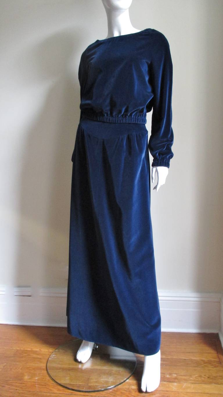 Courreges 1970s Hyperbole Blue Velvet Maxi Skirt and Top In Excellent Condition For Sale In Water Mill, NY