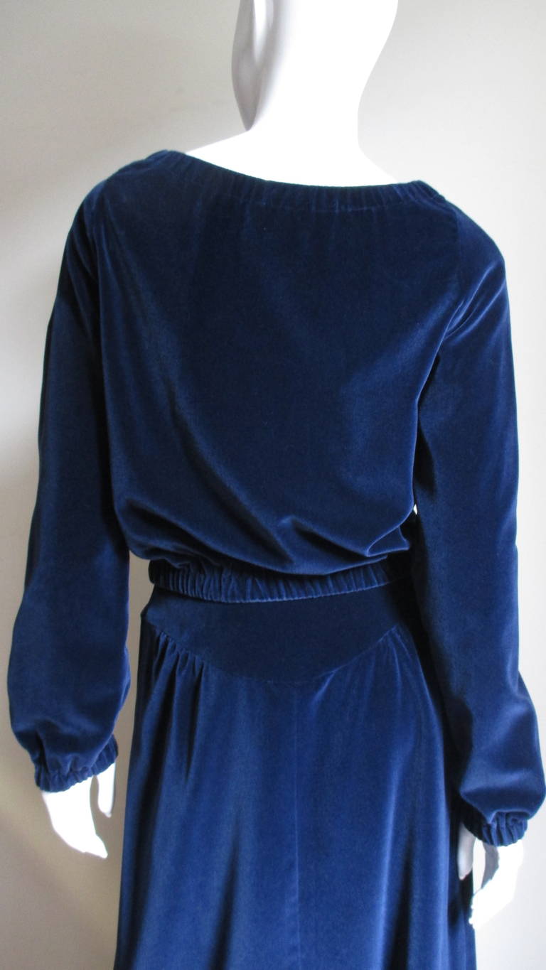 Courreges 1970s Hyperbole Blue Velvet Maxi Skirt and Top For Sale 2