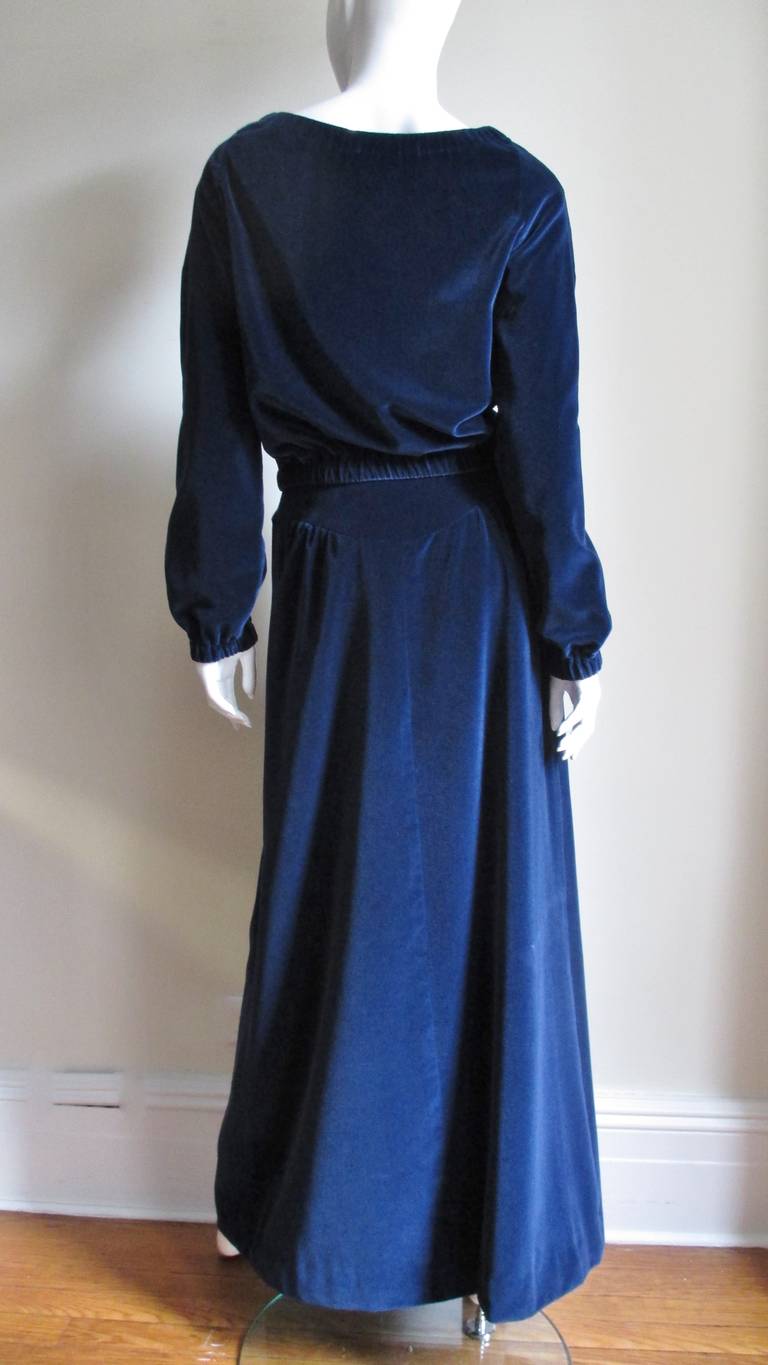 Courreges 1970s Hyperbole Blue Velvet Maxi Skirt and Top For Sale 4