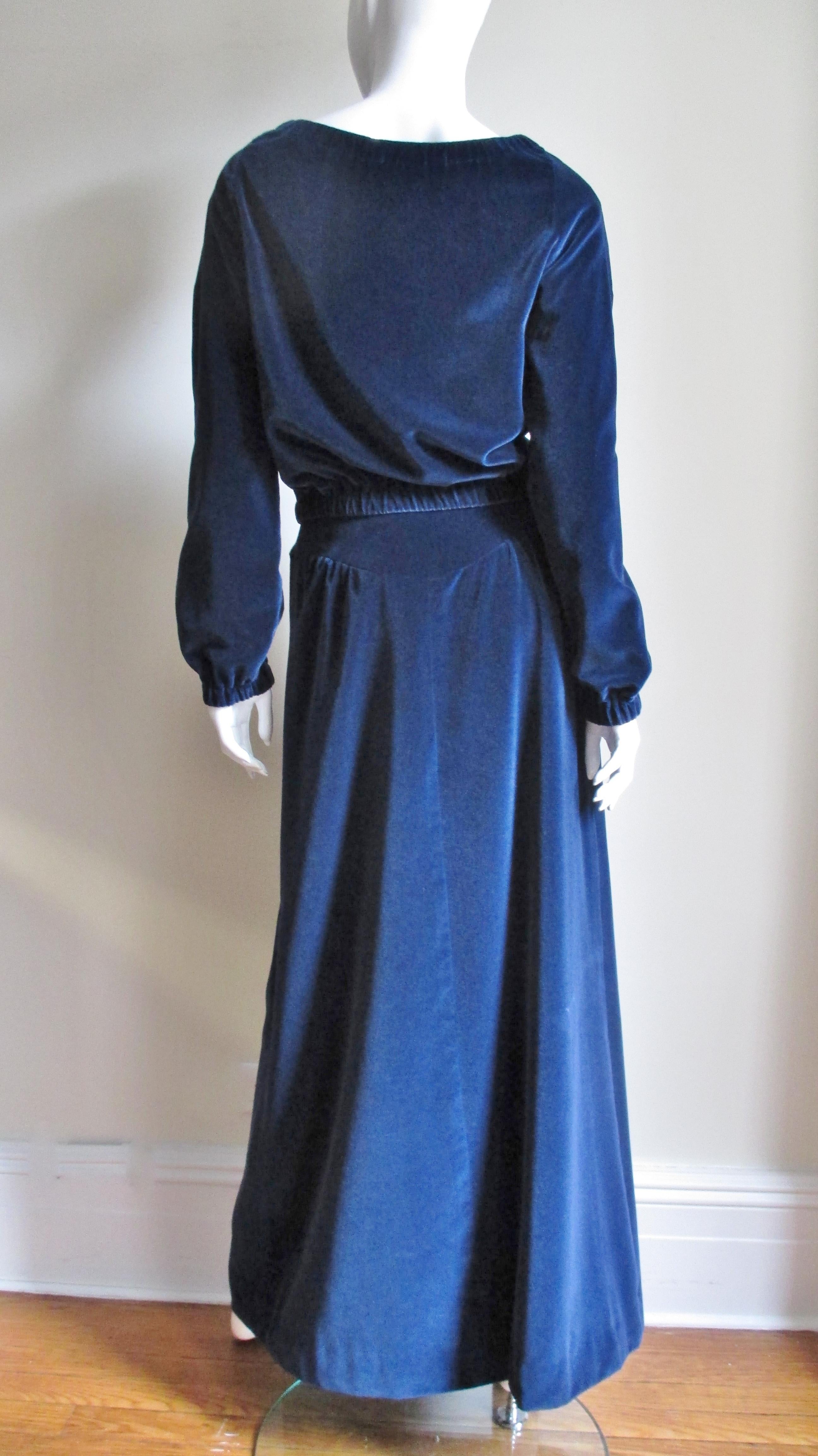 Courreges 1970s Hyperbole Blue Velvet Maxi Skirt and Top For Sale 1
