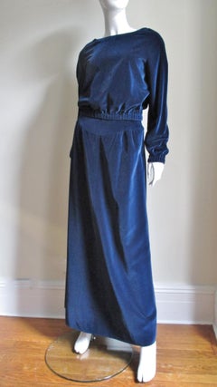 Courreges 1970s Hyperbole Blue Velvet Maxi Skirt and Top