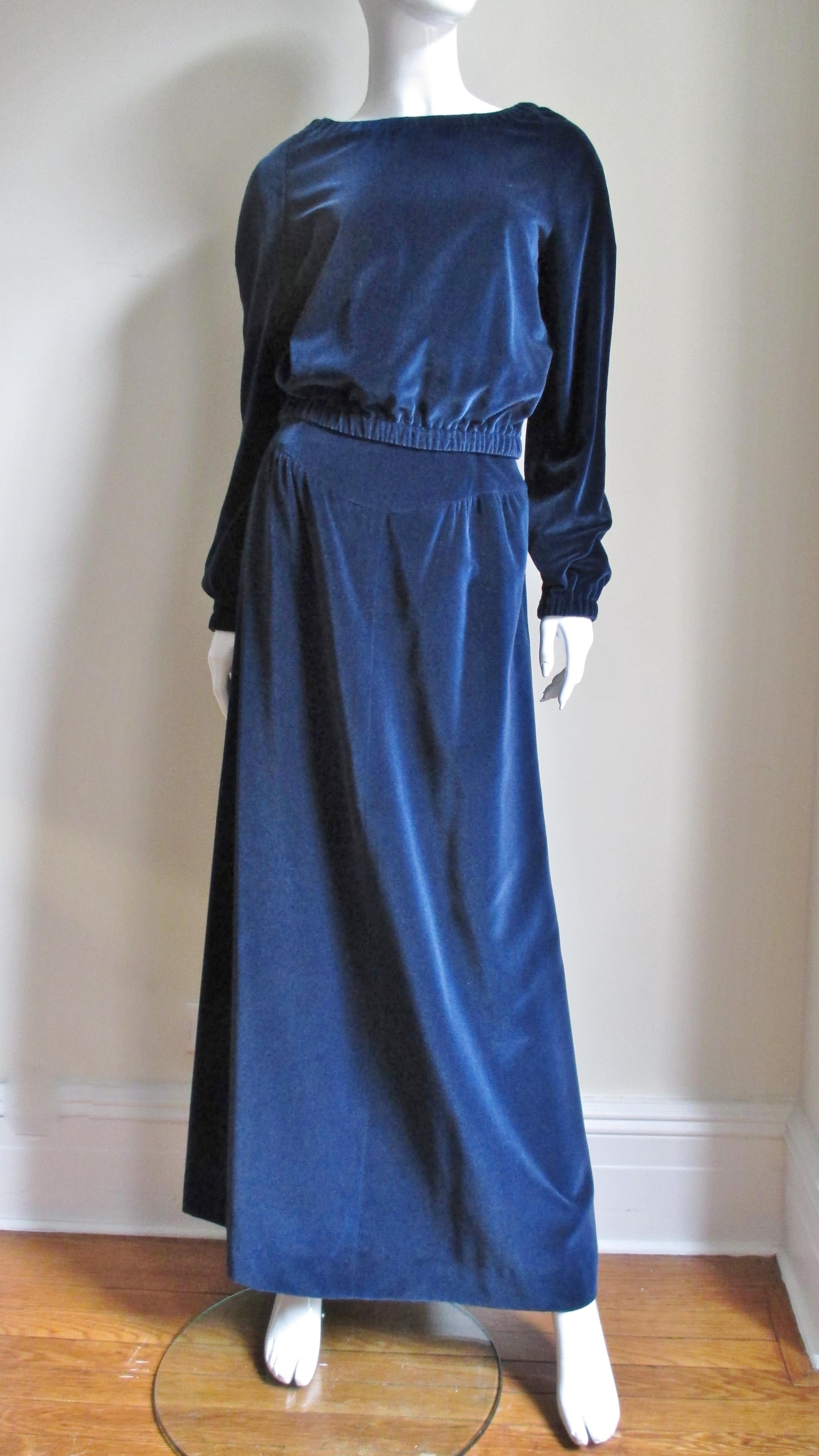 Women's Courreges 1970s Hyperbole Blue Velvet Maxi Skirt and Top For Sale