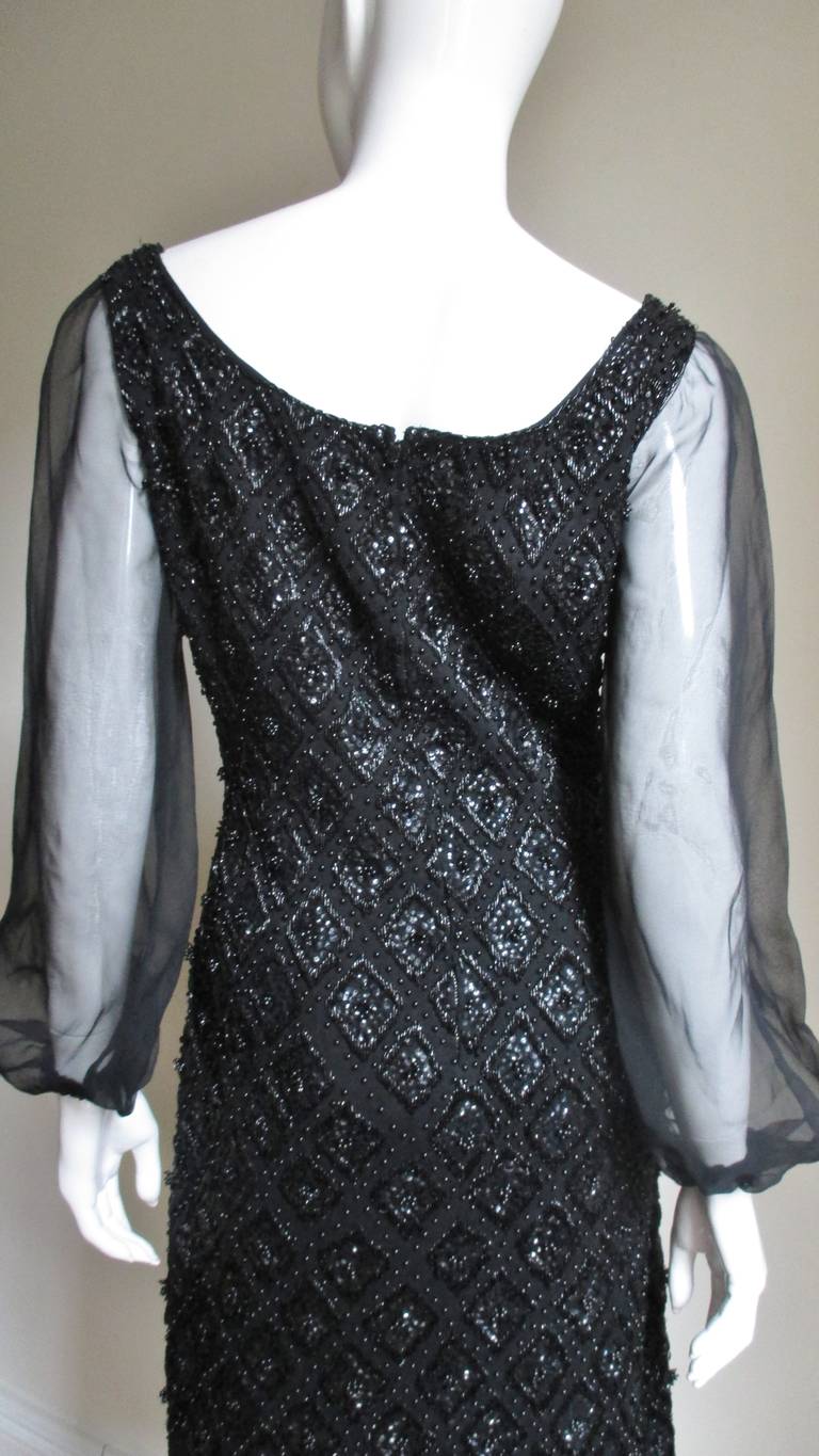 1960s Beaded Banff Dress with Sheer Sleeves For Sale 3