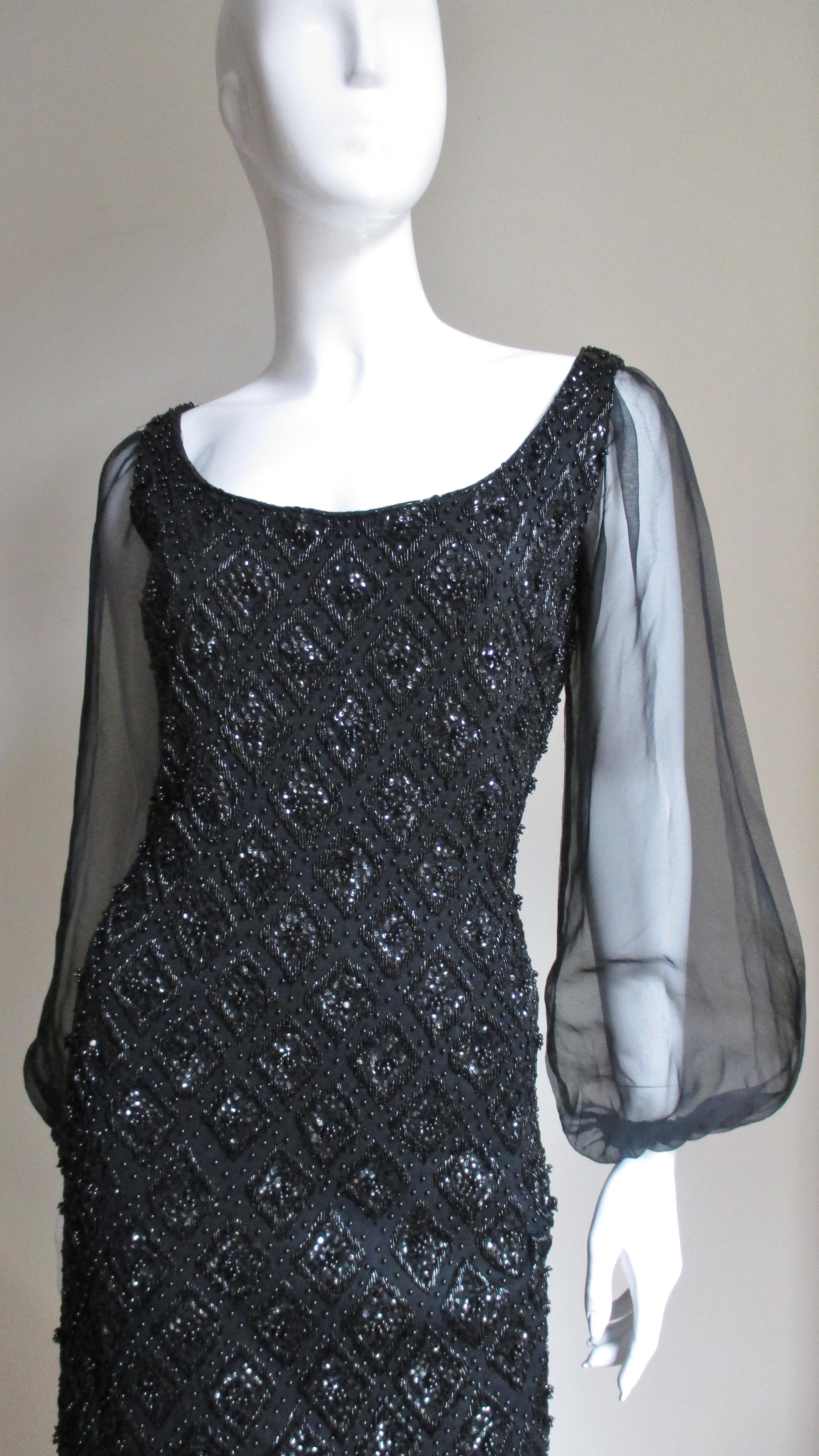 Black 1960s Beaded Banff Dress with Sheer Sleeves For Sale
