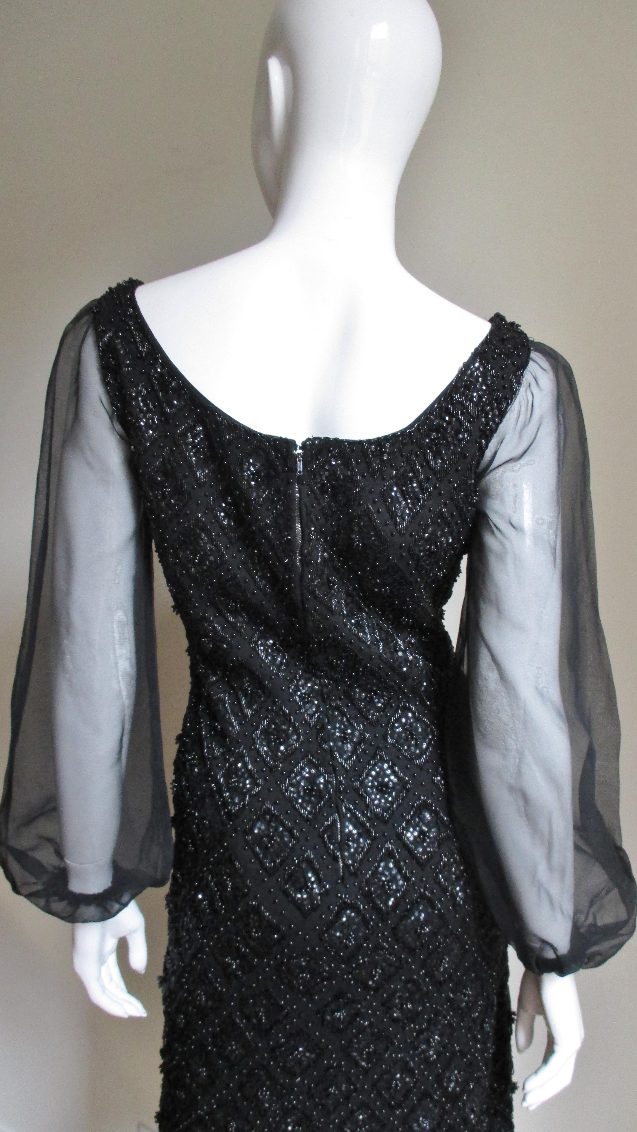 1960s Beaded Banff Dress with Sheer Sleeves For Sale 4