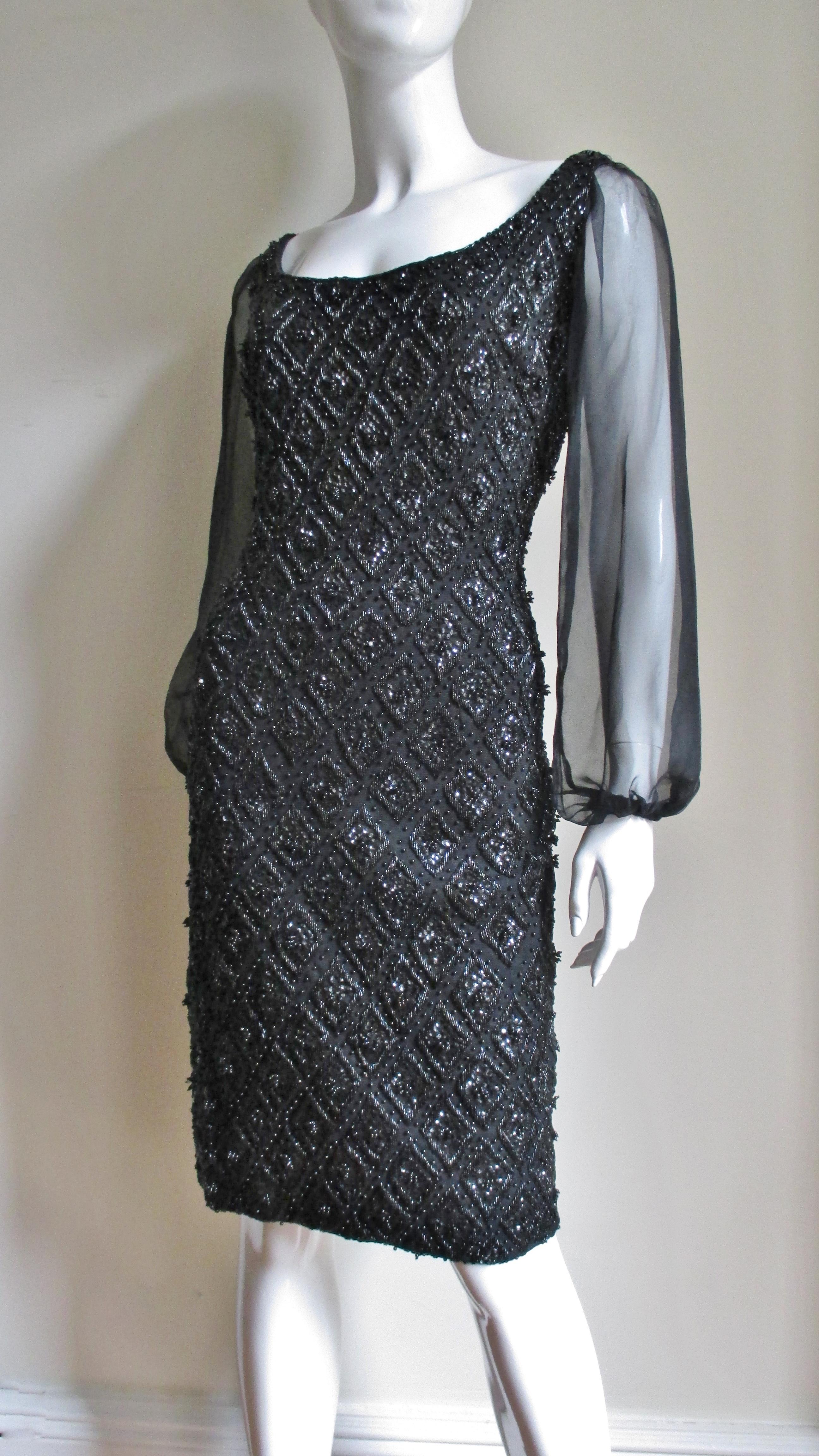 1960s Beaded Banff Dress with Sheer Sleeves In Good Condition For Sale In Water Mill, NY