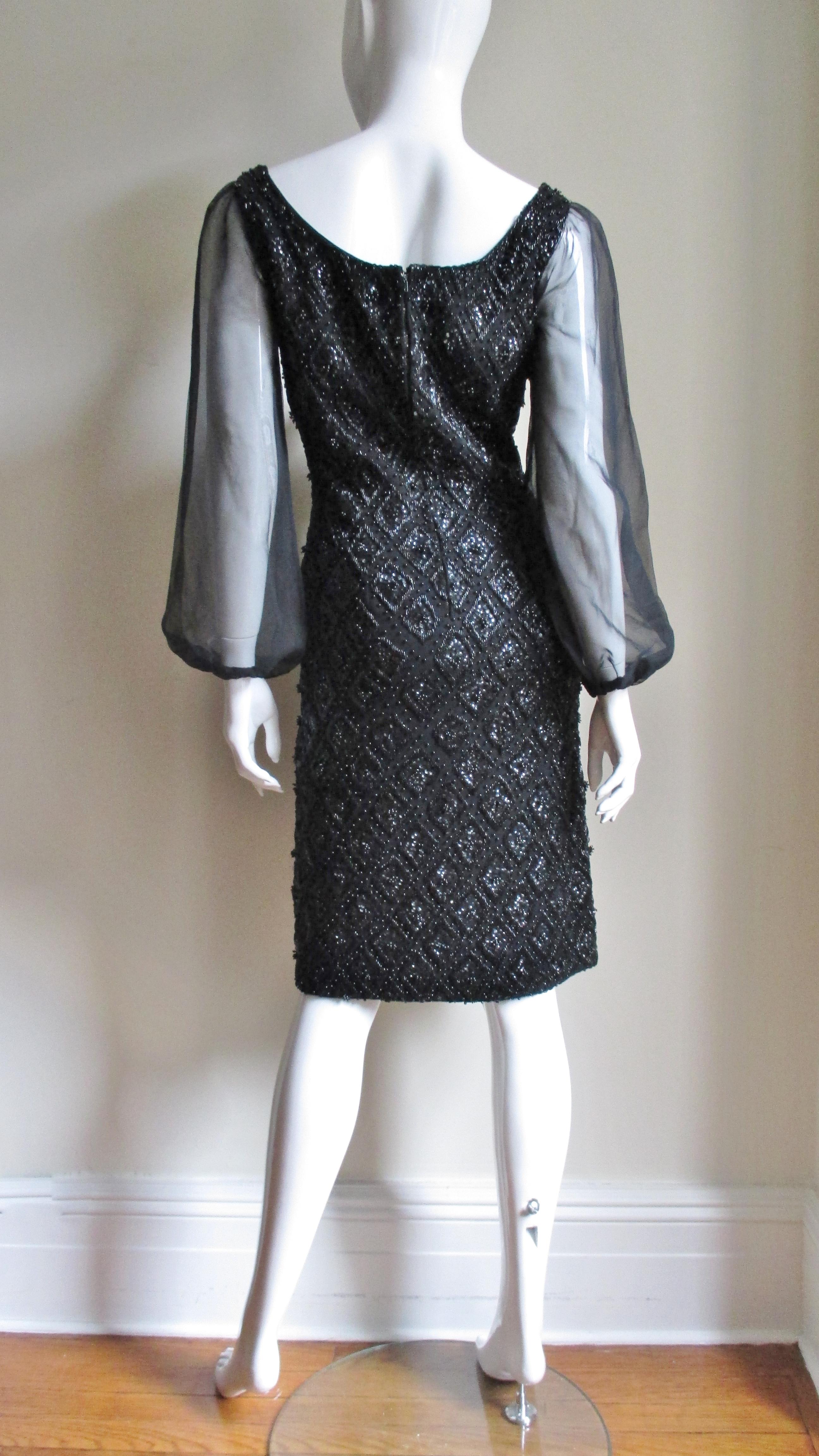 1960s Beaded Banff Dress with Sheer Sleeves For Sale 6