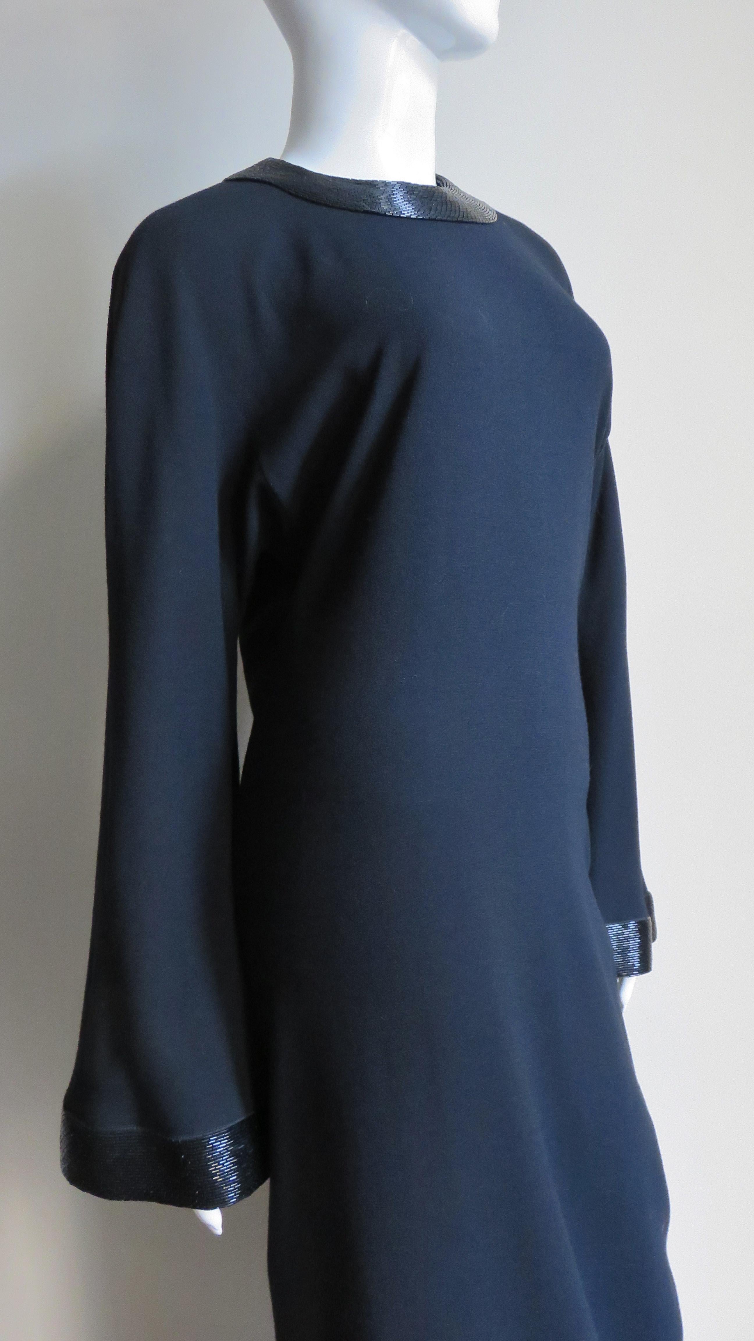 Black Anne Klein Bell Sleeve Column Dress with Beaded Trim 1990s For Sale