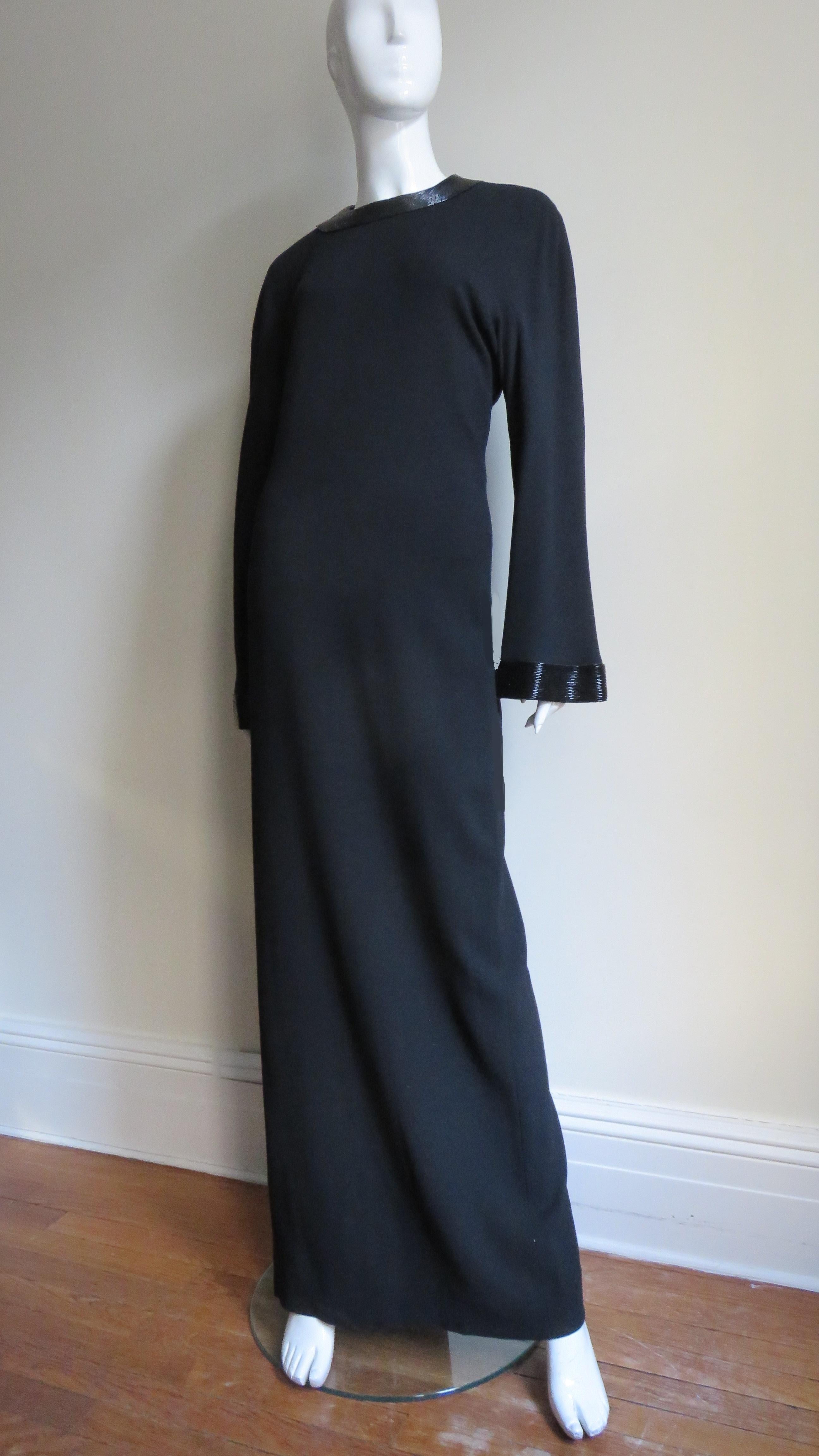 Anne Klein Bell Sleeve Column Dress with Beaded Trim 1990s In Good Condition For Sale In Water Mill, NY