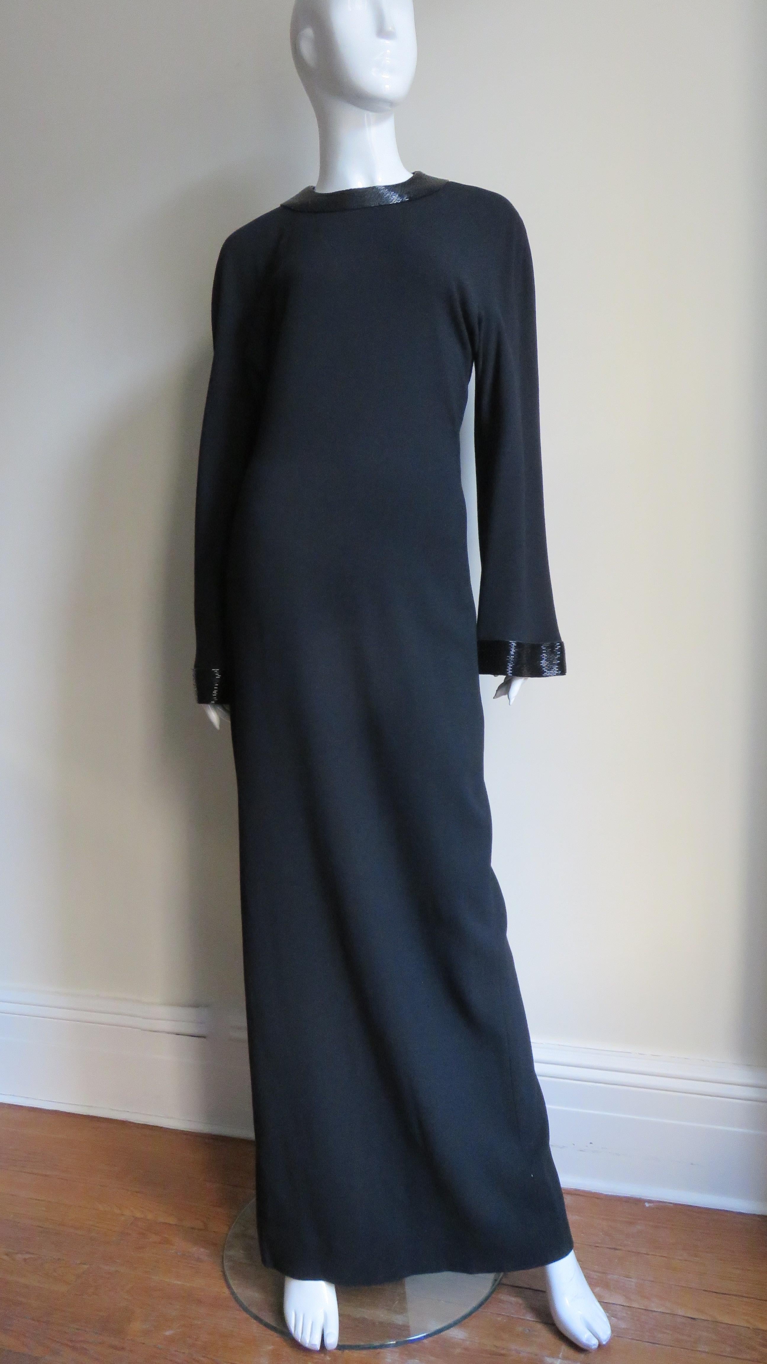 Women's Anne Klein Bell Sleeve Column Dress with Beaded Trim 1990s For Sale