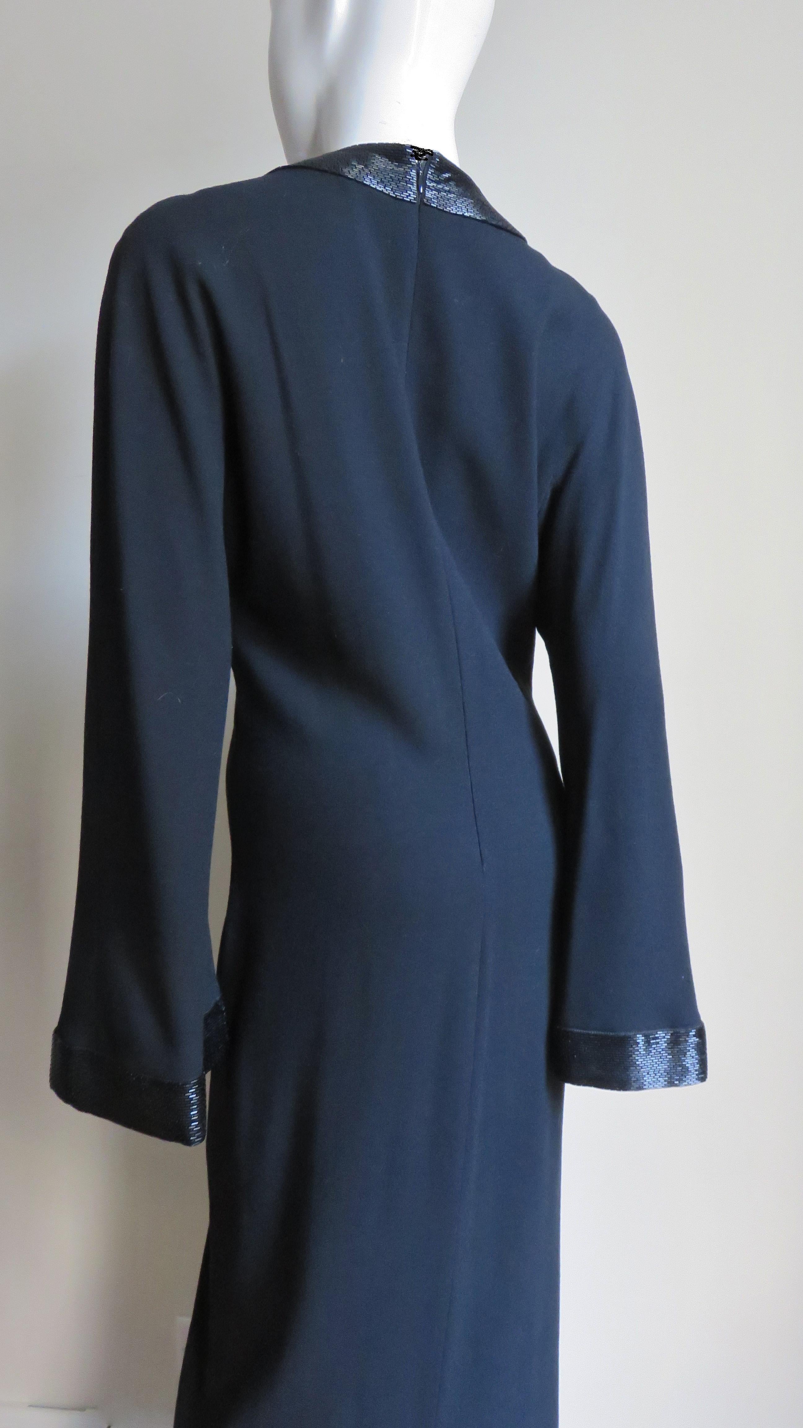 Anne Klein Bell Sleeve Column Dress with Beaded Trim 1990s For Sale 3