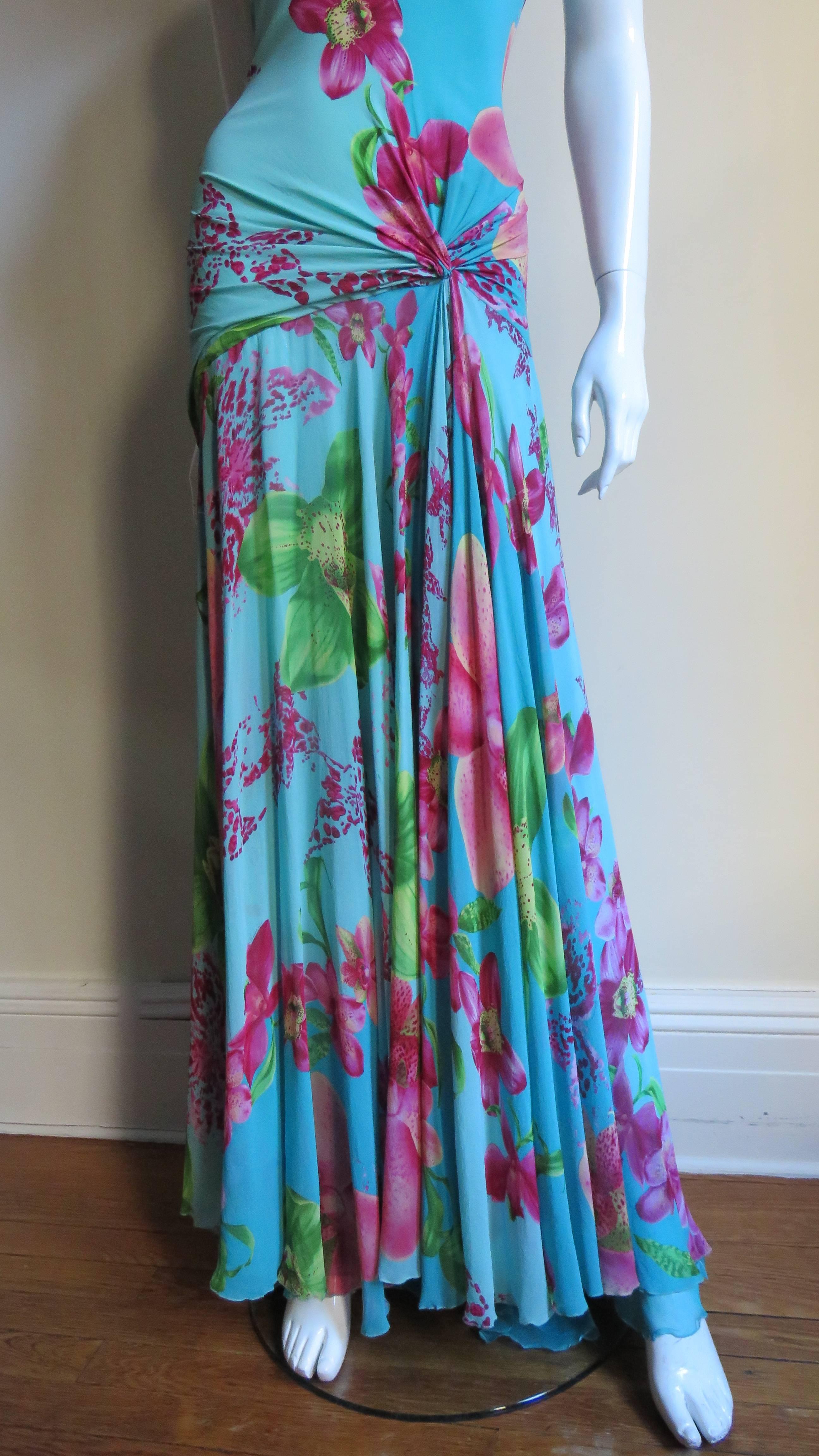 Blue Versace Silk Maxi Dress with Embroidery Neckline