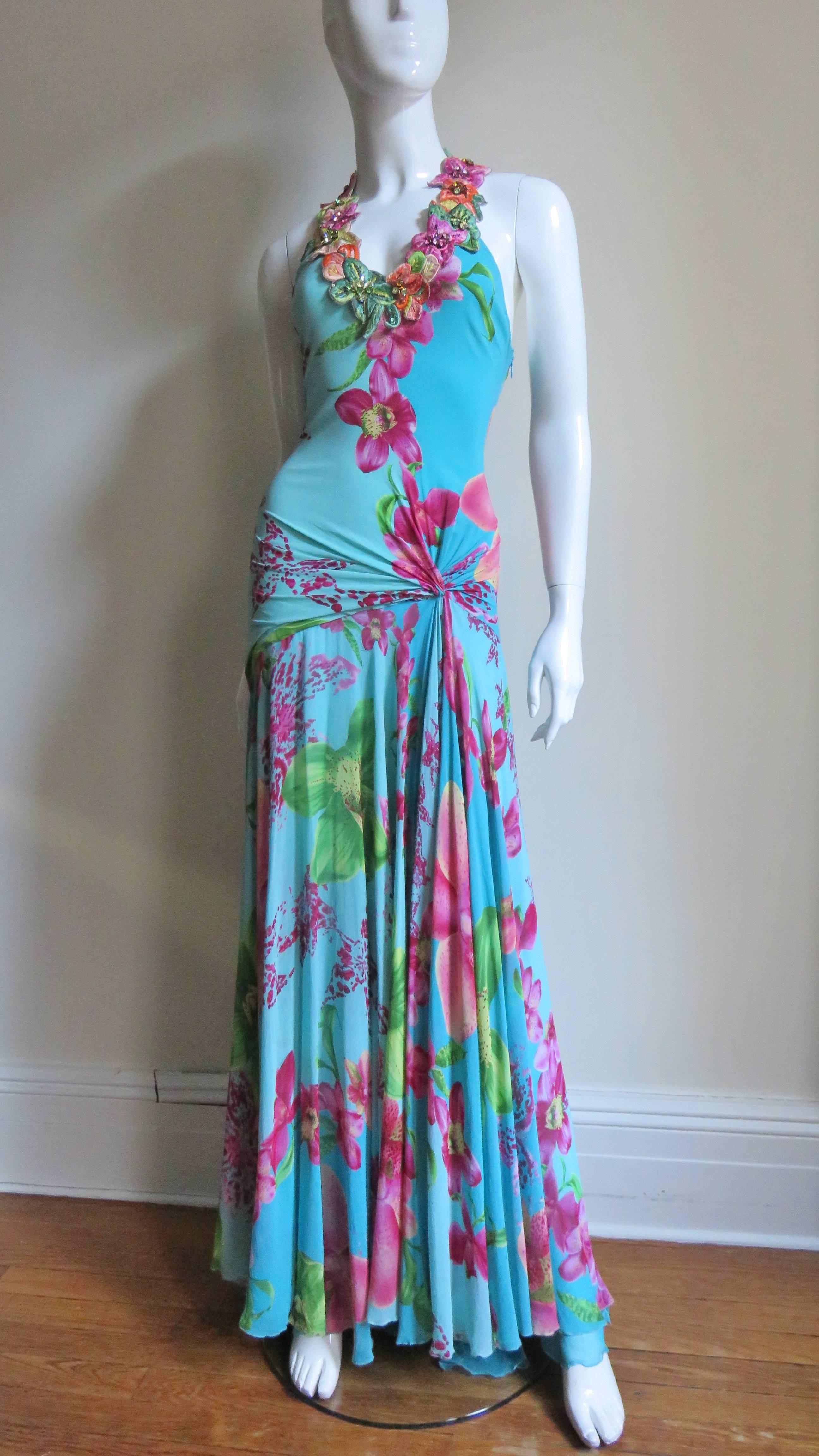 Women's Versace Silk Maxi Dress with Embroidery Neckline