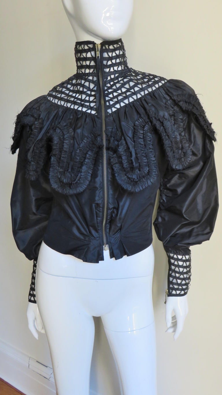 JEAN PAUL GAULTIER Size 8 Black & Silver Silk Mary Jane Buttoned Jacket