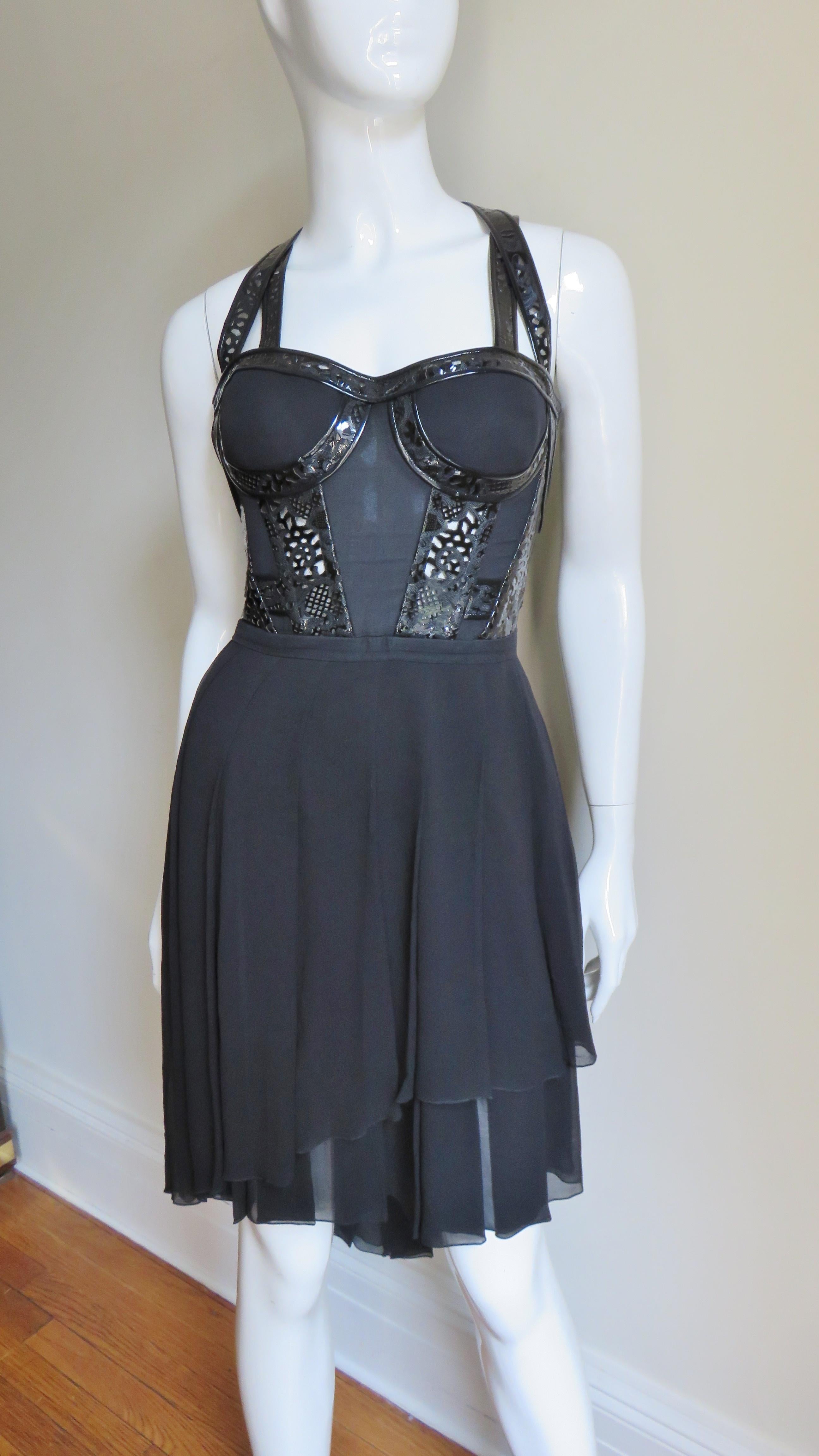 Versace Silk Bustier Dress with Leather Straps In Excellent Condition For Sale In Water Mill, NY