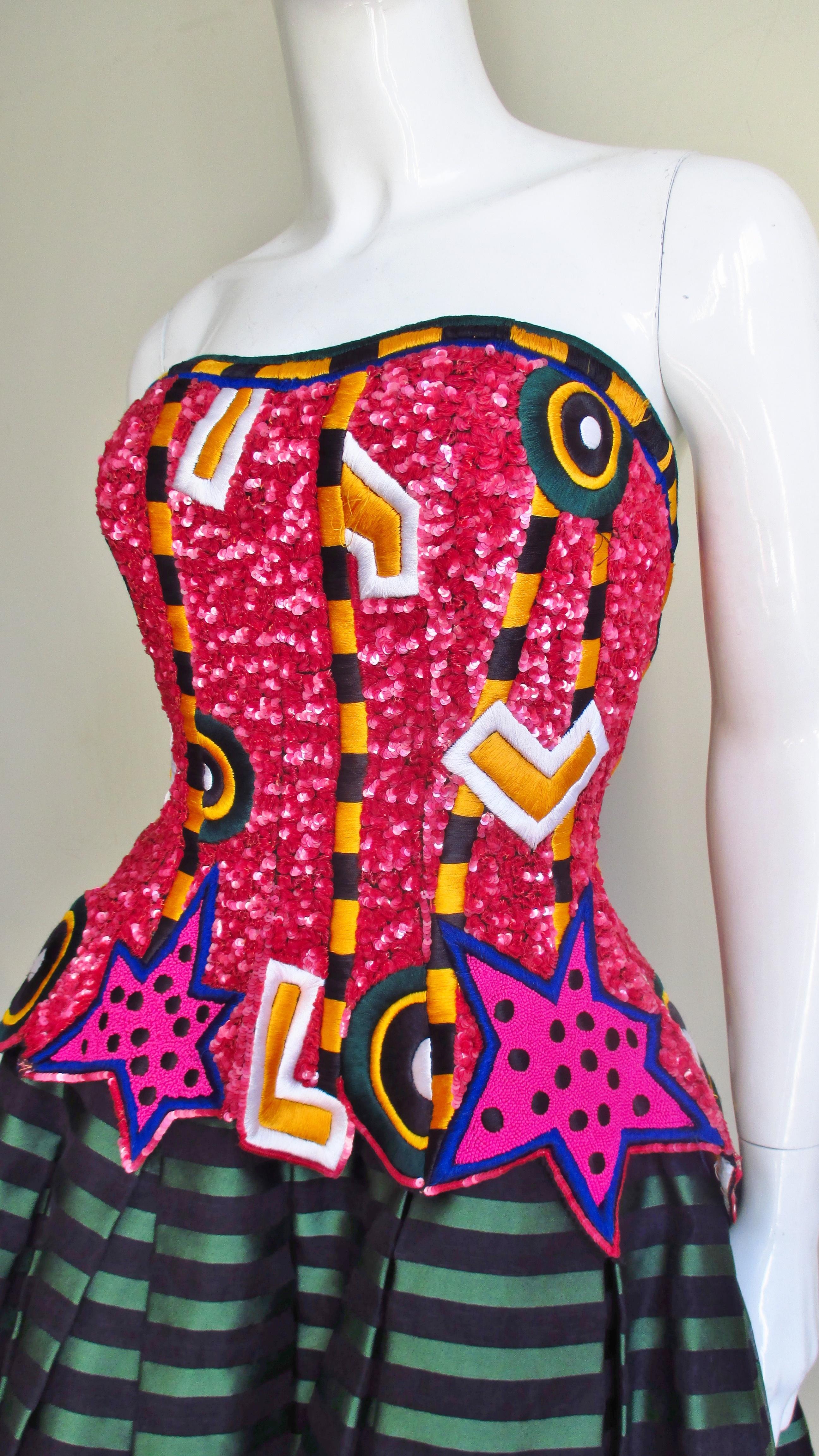 1980s Fabrice Couture Embroidered Silk Bustier Dress In Good Condition In Water Mill, NY